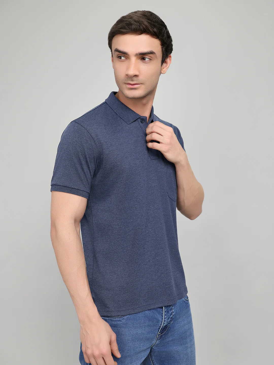 Men Navy Blue Solid Collar Half Sleeve T-Shirt - Image 3