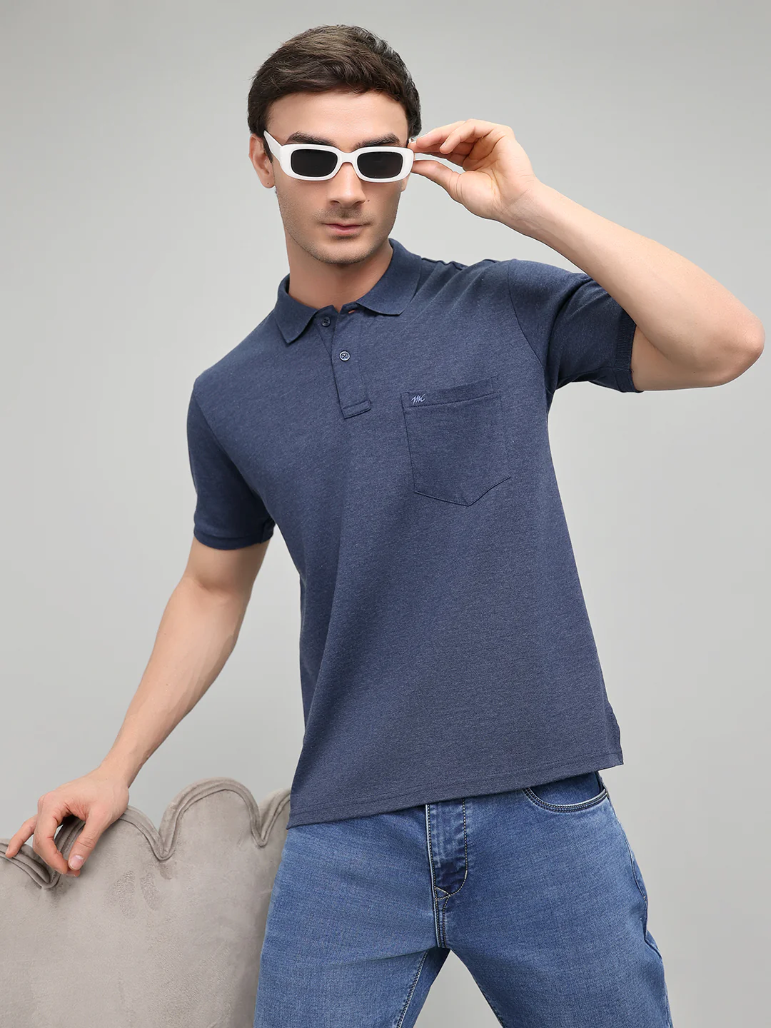 Men Navy Blue Solid Collar Half Sleeve T-Shirt - Image 5