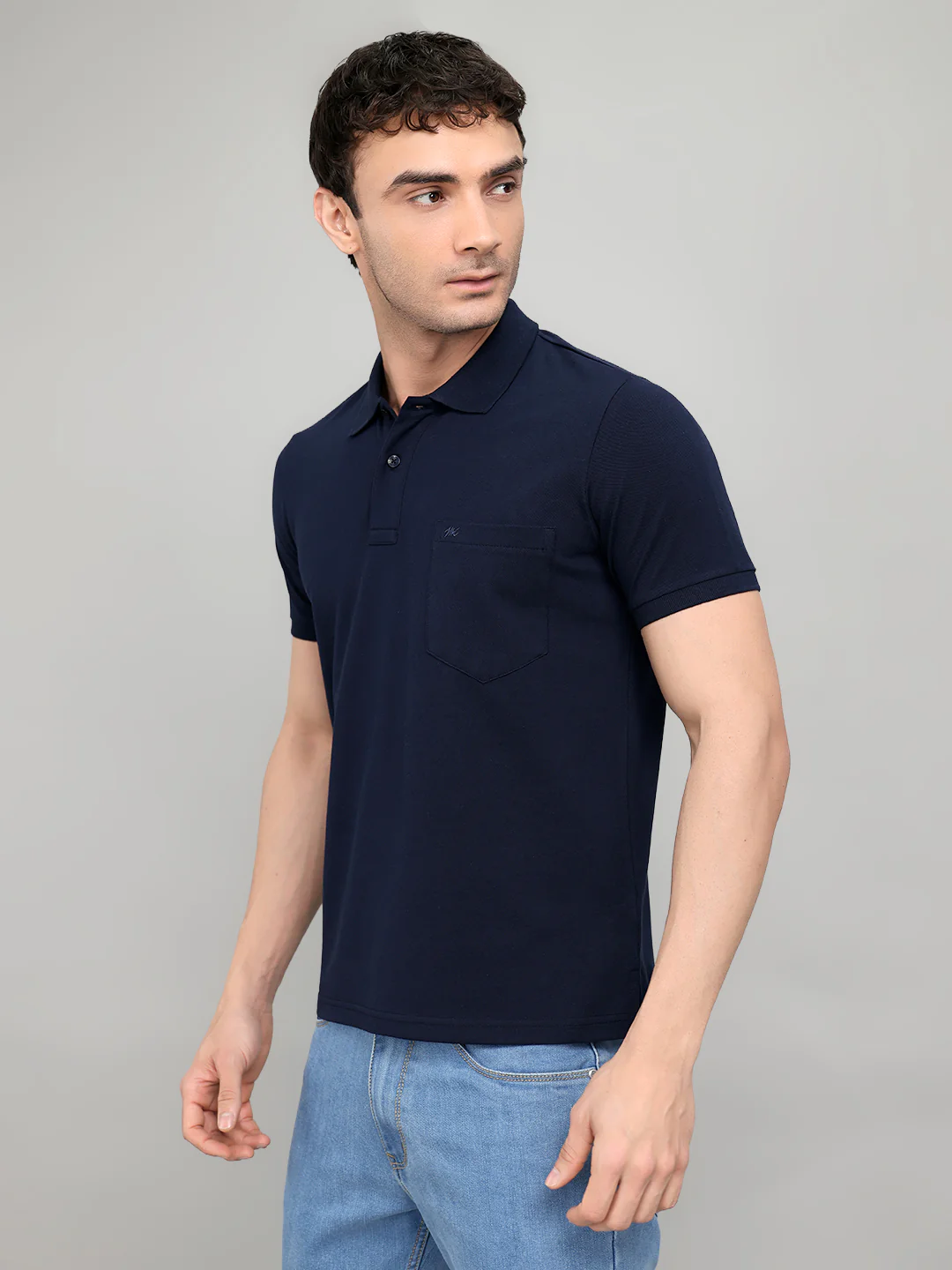 Men Navy Blue Solid Collar Half Sleeve T-Shirt - Image 3