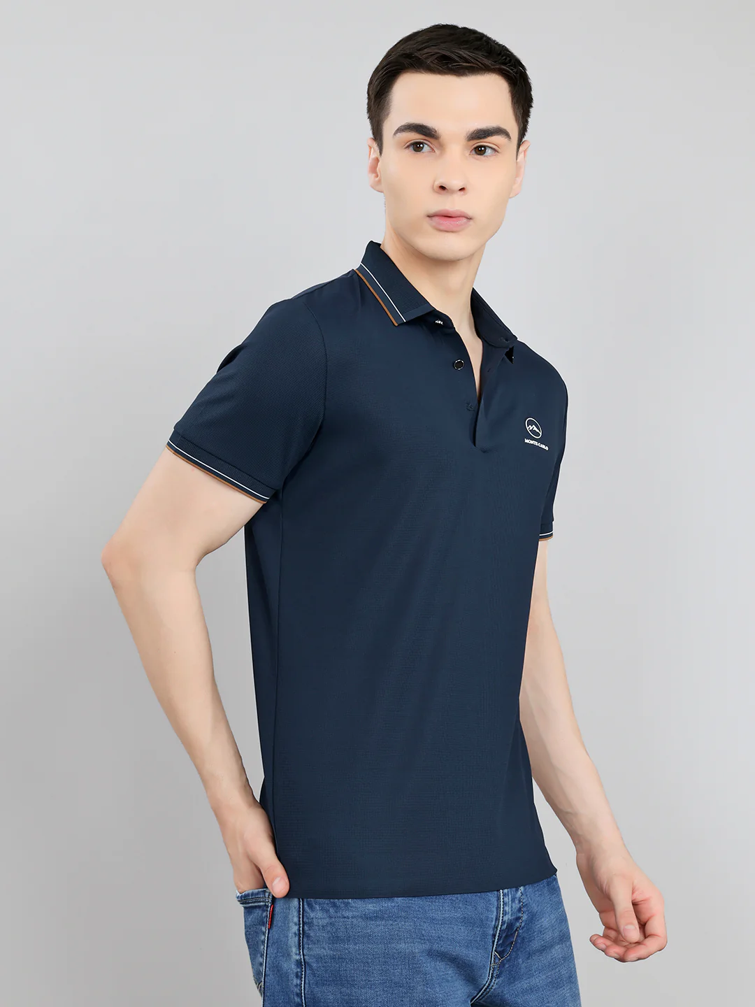 Men Navy Blue Solid Collar Half Sleeve T-Shirt - Image 3