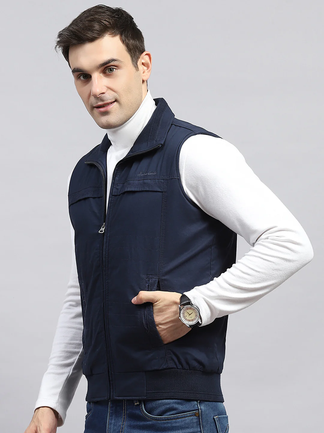 Men Navy Blue Solid Collar Sleeveless Jacket - Image 3