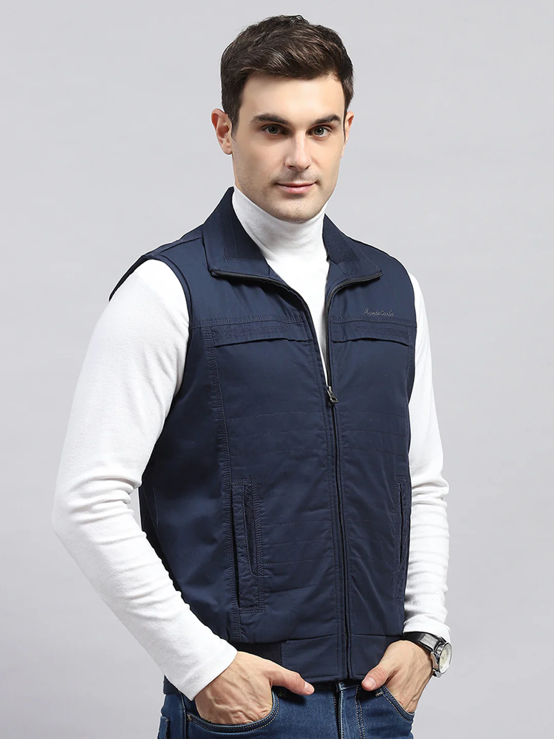 Men Navy Blue Solid Collar Sleeveless Jacket - Image 4