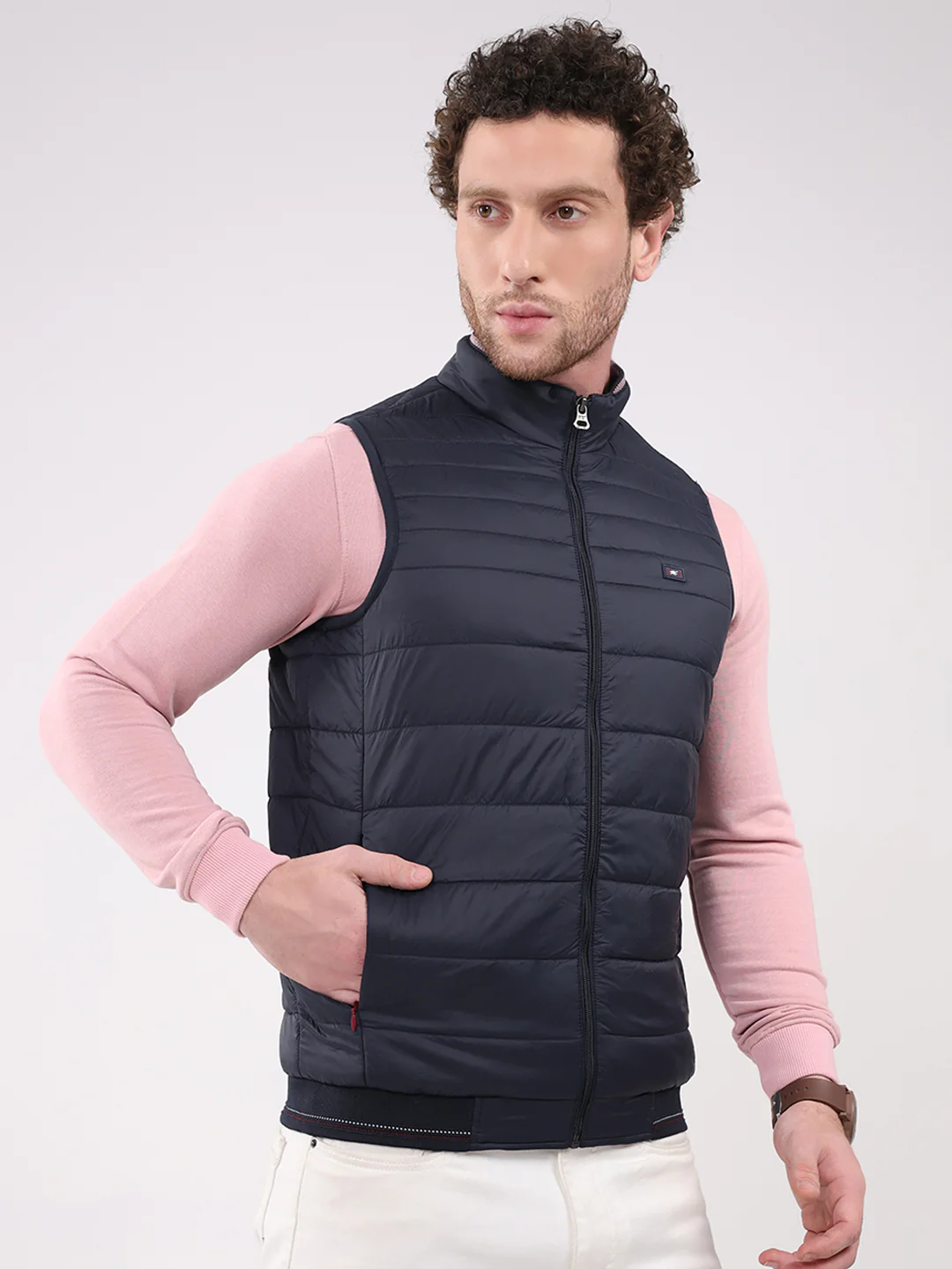 Men Navy Blue Solid Collar Sleeveless Jacket - Image 4