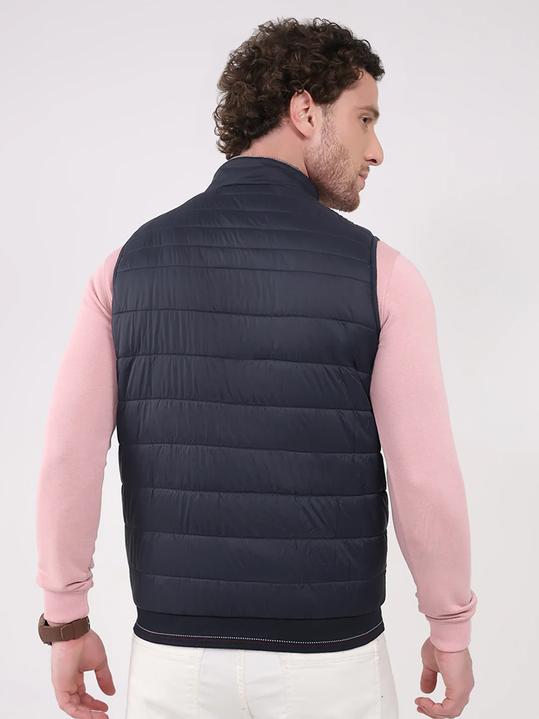 Men Navy Blue Solid Collar Sleeveless Jacket - Image 5