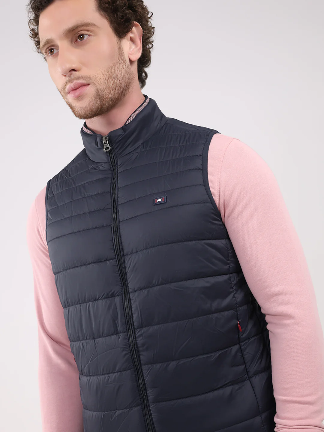 Men Navy Blue Solid Collar Sleeveless Jacket - Image 6