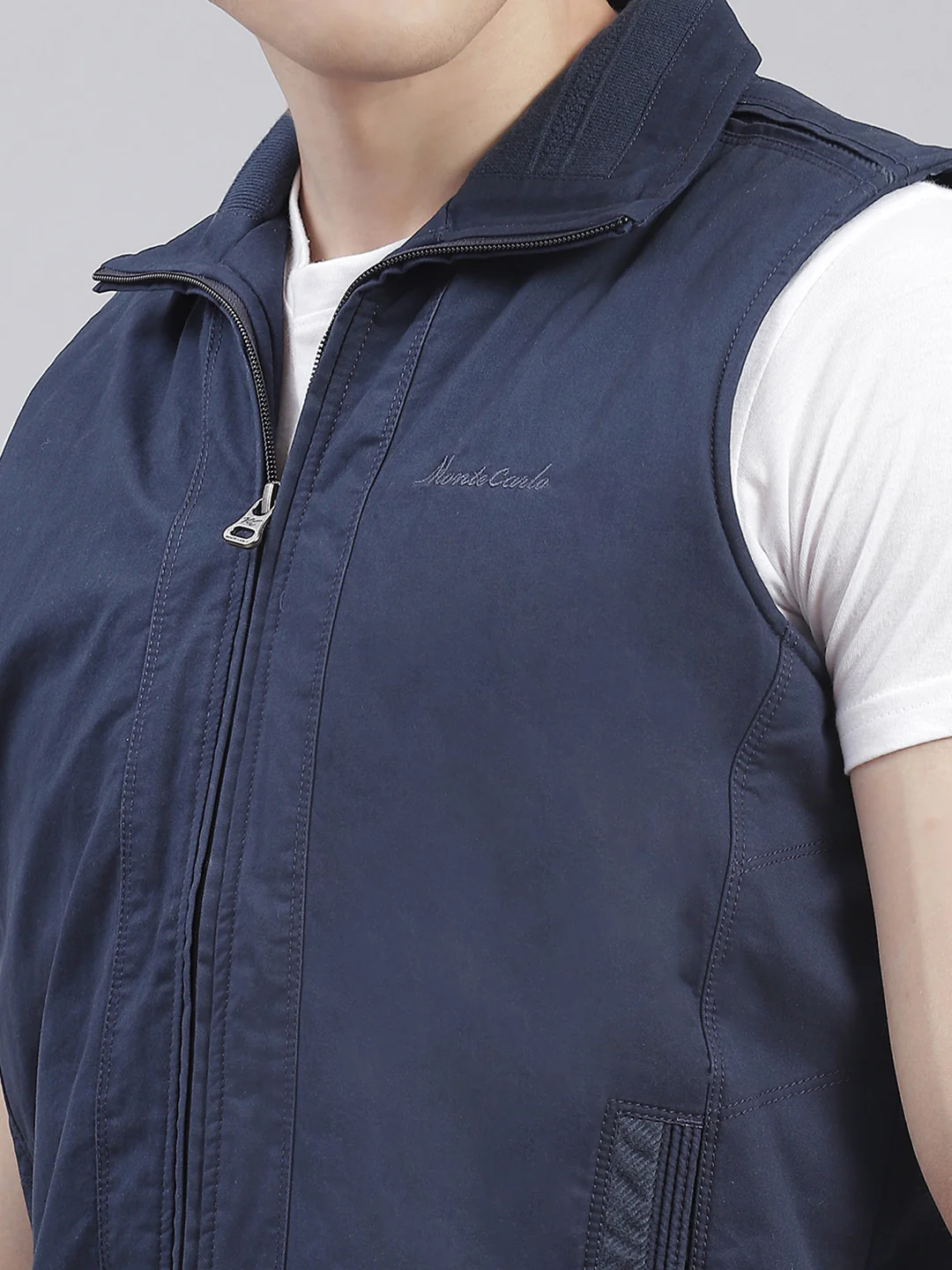 Men Navy Blue Solid Collar Sleeveless Jackets - Image 6
