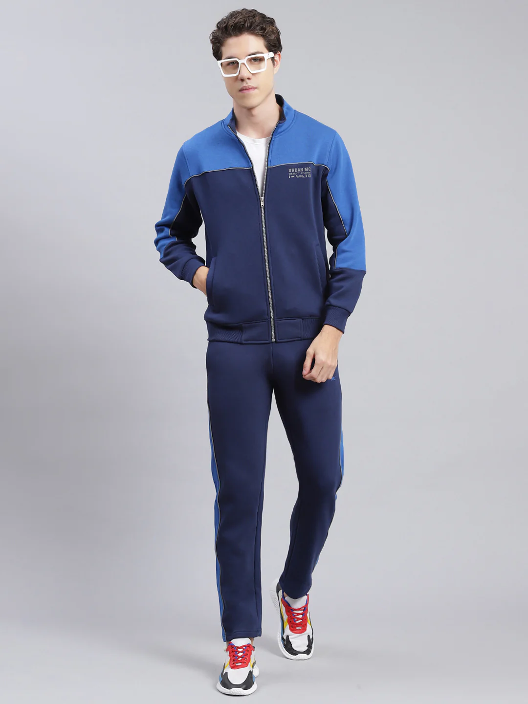 Men Navy Blue Solid Cotton Blend Track Suit - Image 2