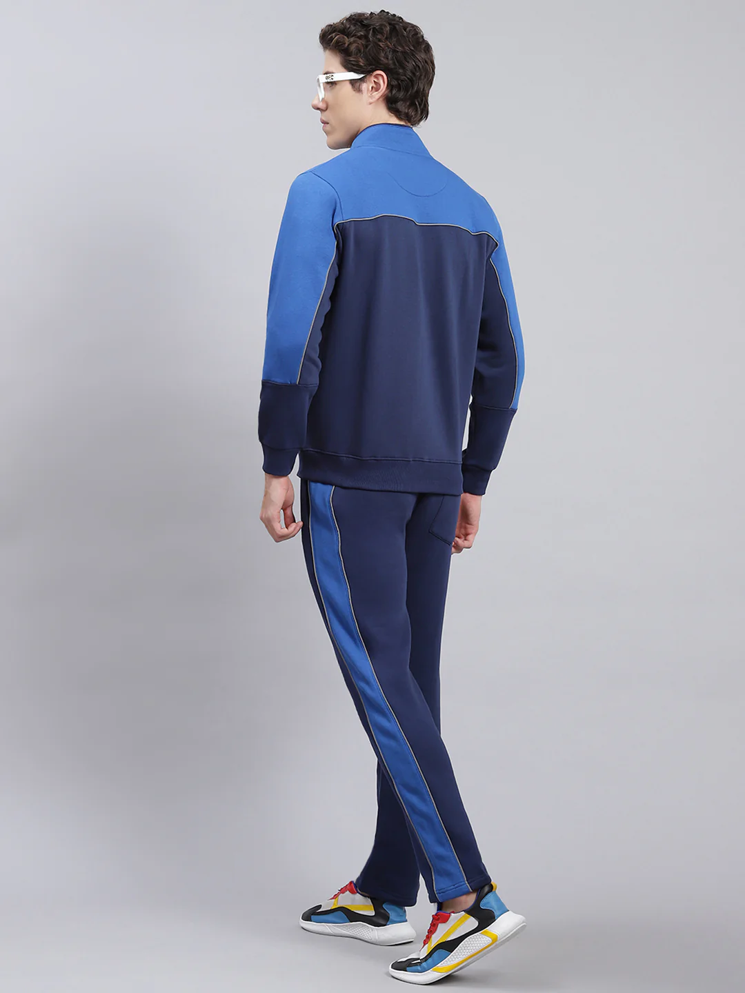 Men Navy Blue Solid Cotton Blend Track Suit - Image 5