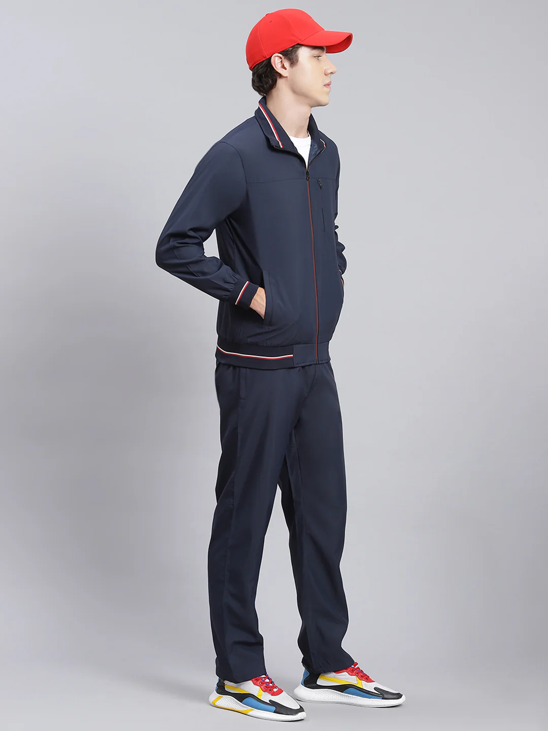 Men Navy Blue Solid Cotton Blend Track Suit - Image 3