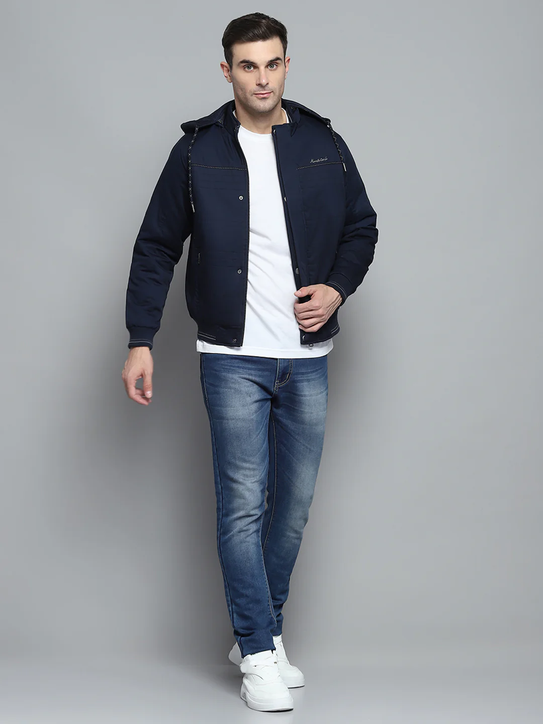 Men Navy Blue Solid Detachable Hood Full Sleeve Jacket - Image 2