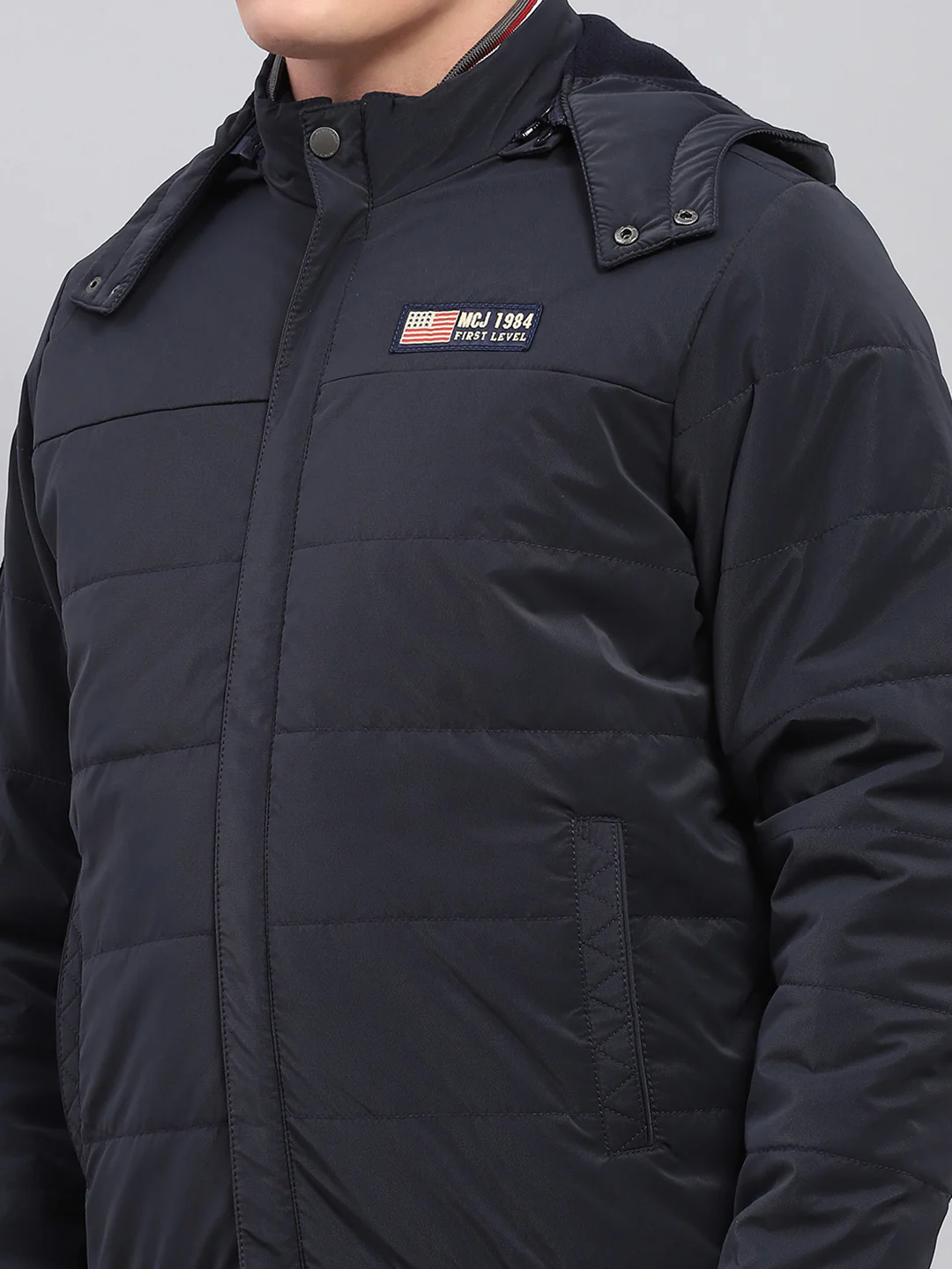 Men Navy Blue Solid Detachable Hood Full Sleeve Jacket - Image 7