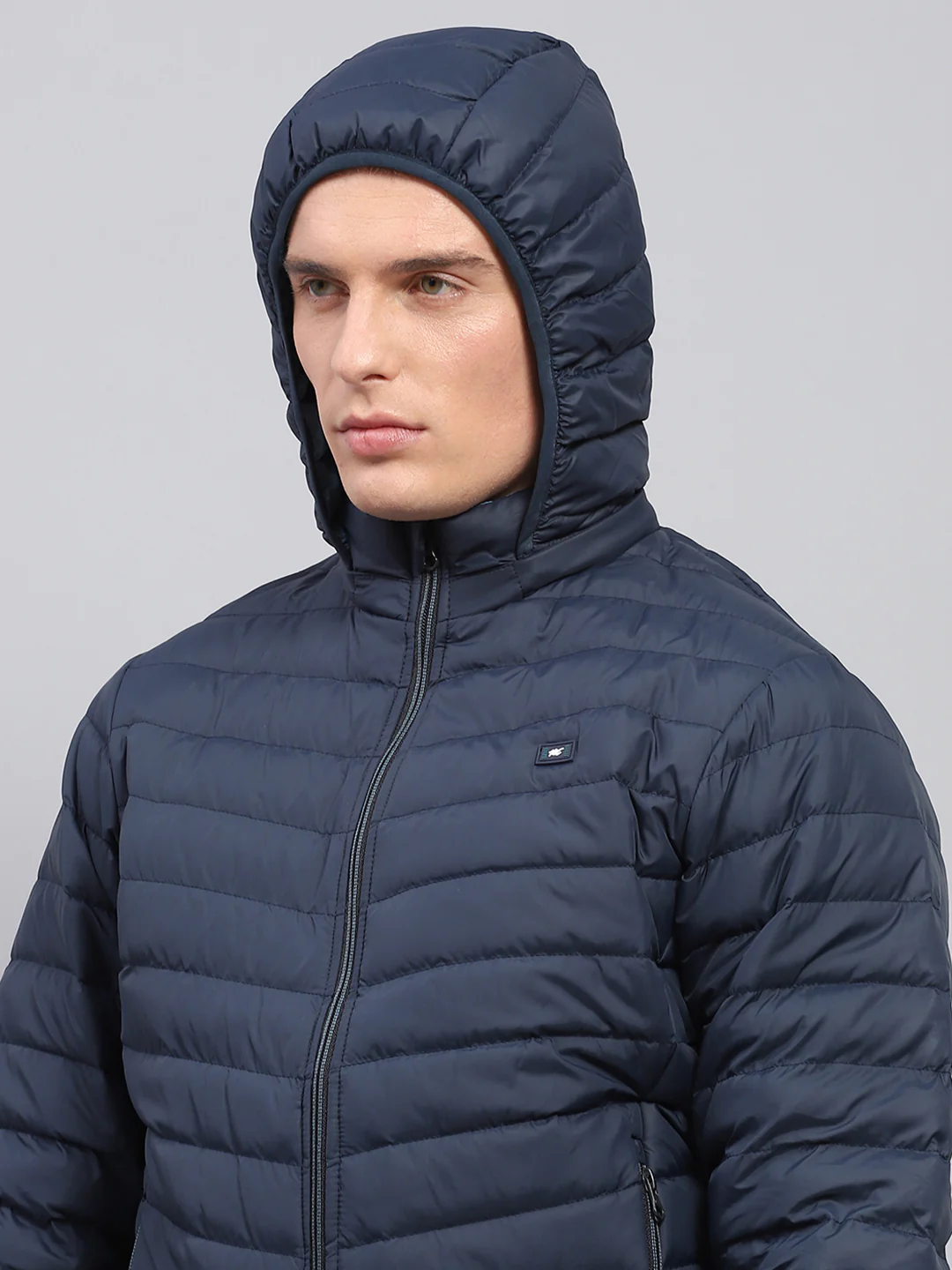 Men Navy Blue Solid Detachable Hood Full Sleeve Jacket - Image 7