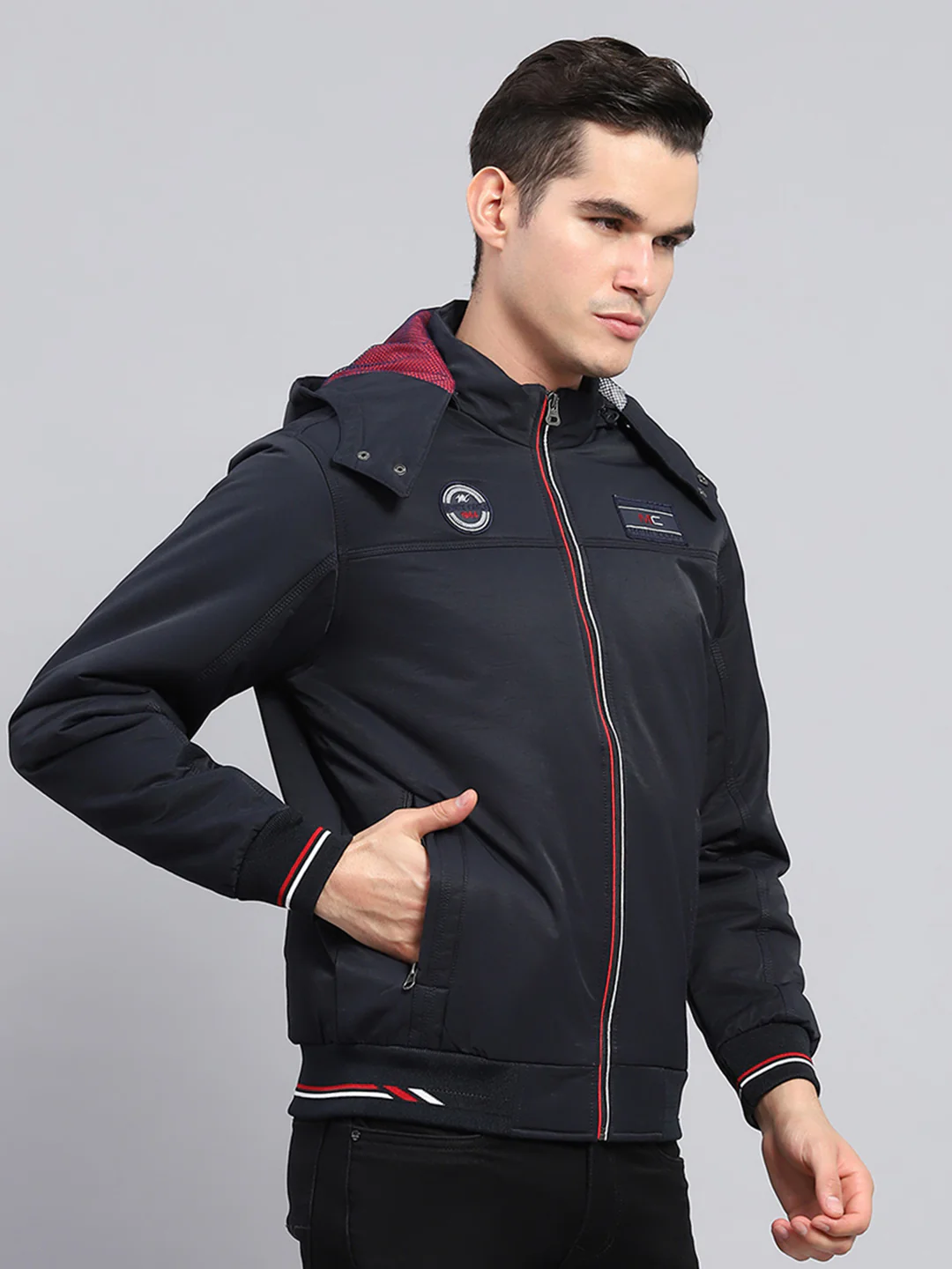 Men Navy Blue Solid Detachable Hood Full Sleeve Jacket - Image 4