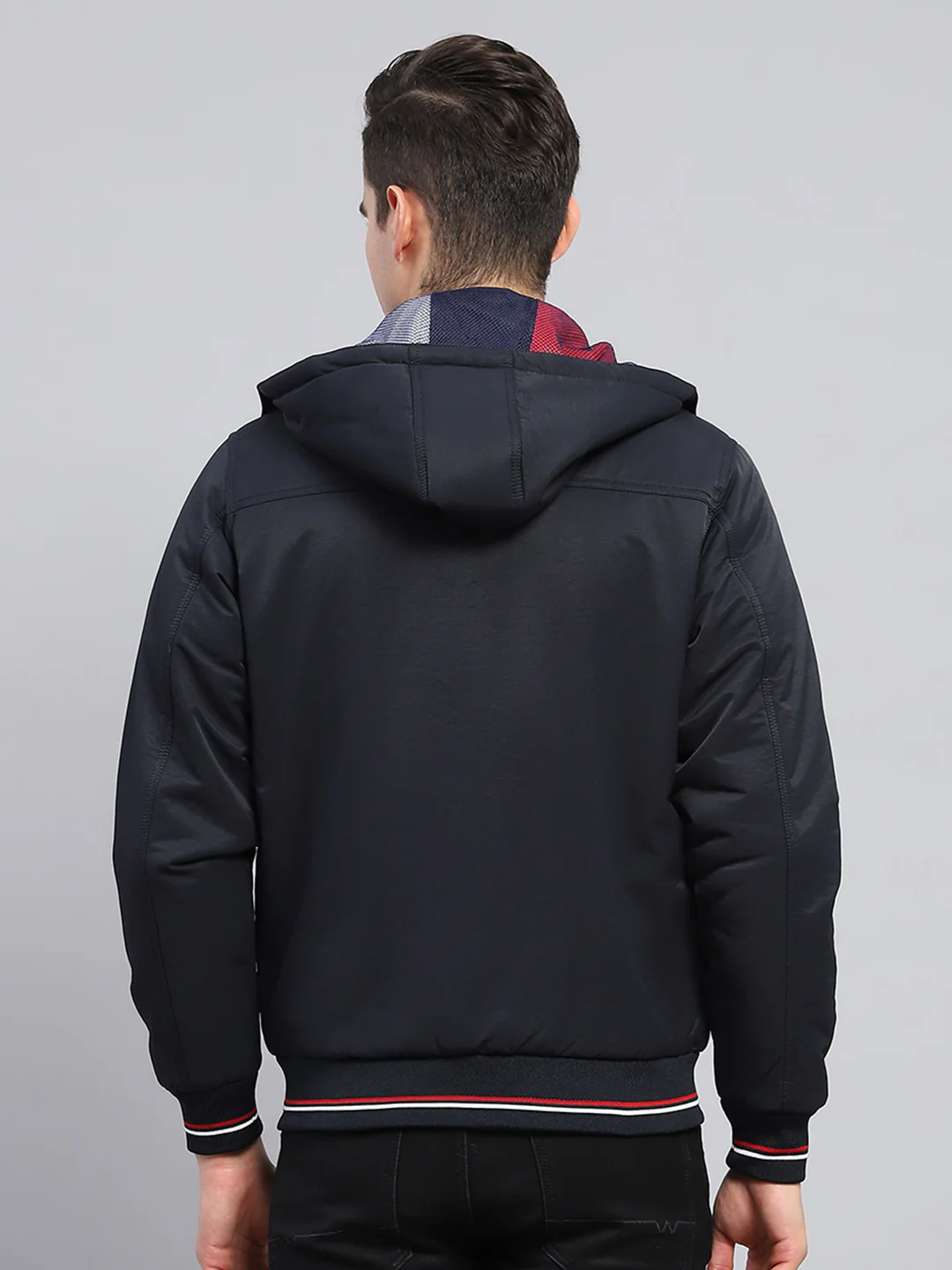 Men Navy Blue Solid Detachable Hood Full Sleeve Jacket - Image 5