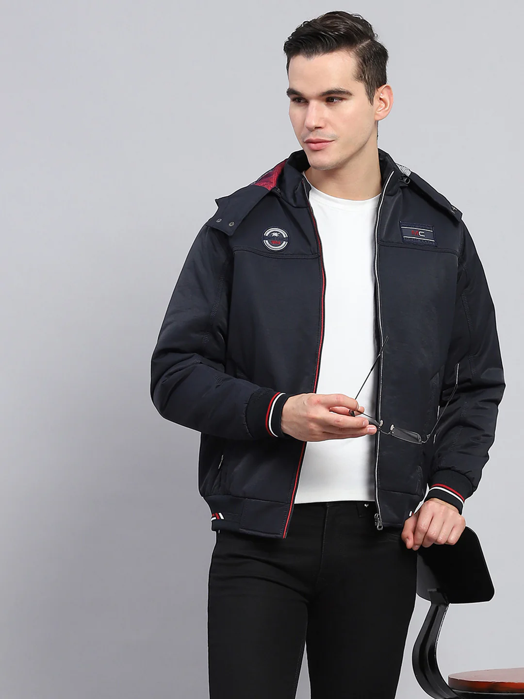 Men Navy Blue Solid Detachable Hood Full Sleeve Jacket - Image 6
