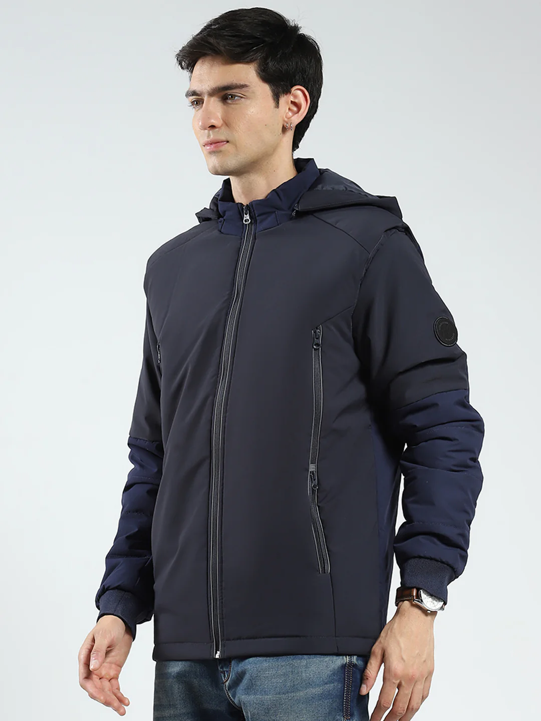 Men Navy Blue Solid Detachable Hood Full Sleeve Jacket - Image 3