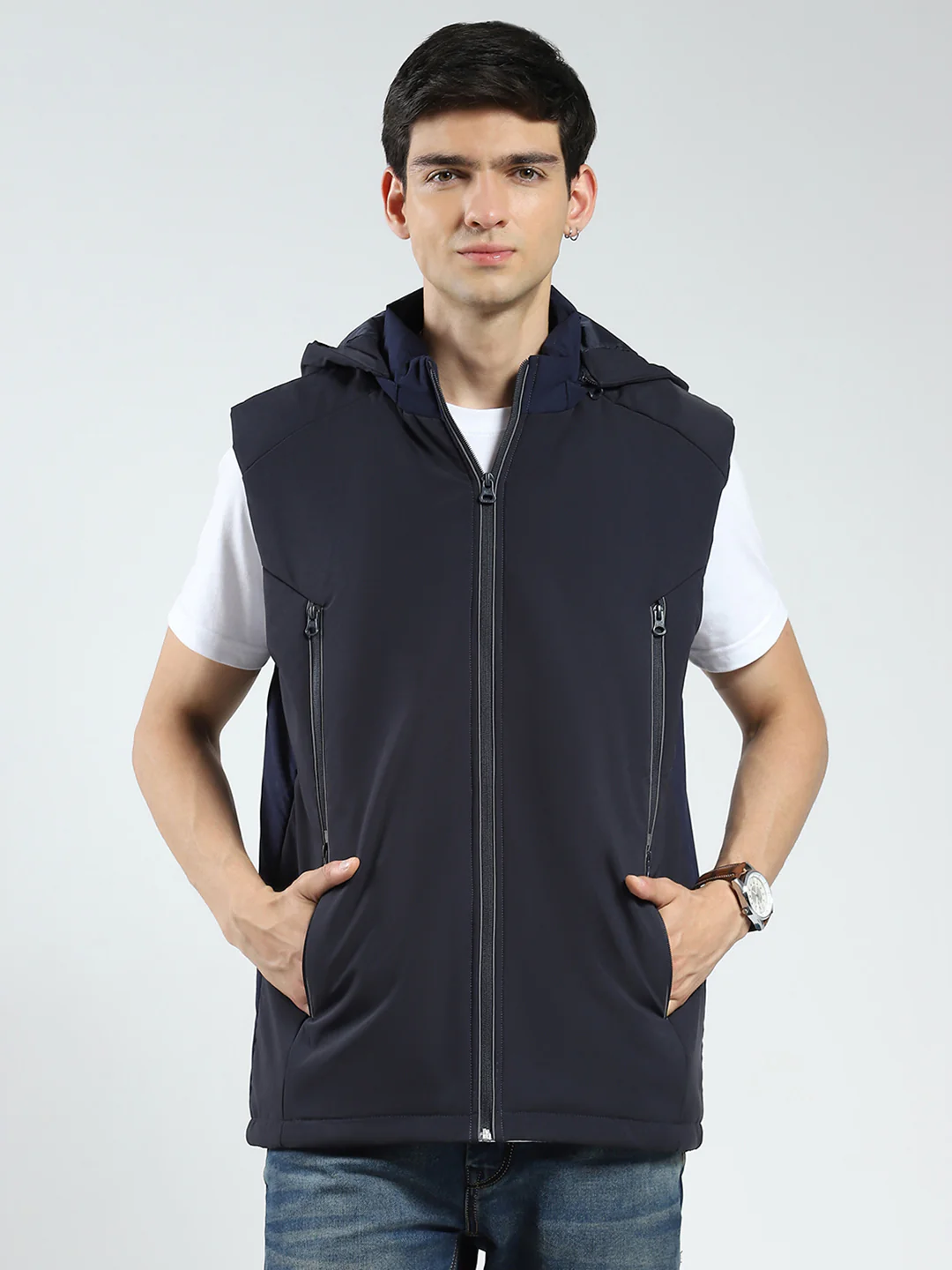 Men Navy Blue Solid Detachable Hood Full Sleeve Jacket - Image 7