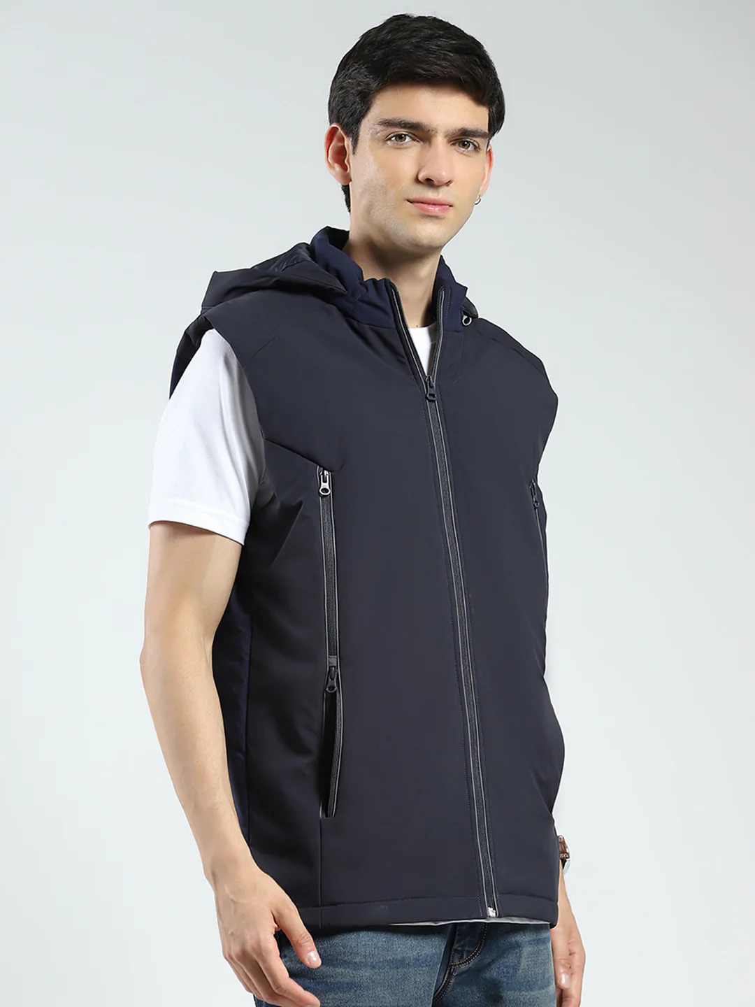 Men Navy Blue Solid Detachable Hood Full Sleeve Jacket - Image 8