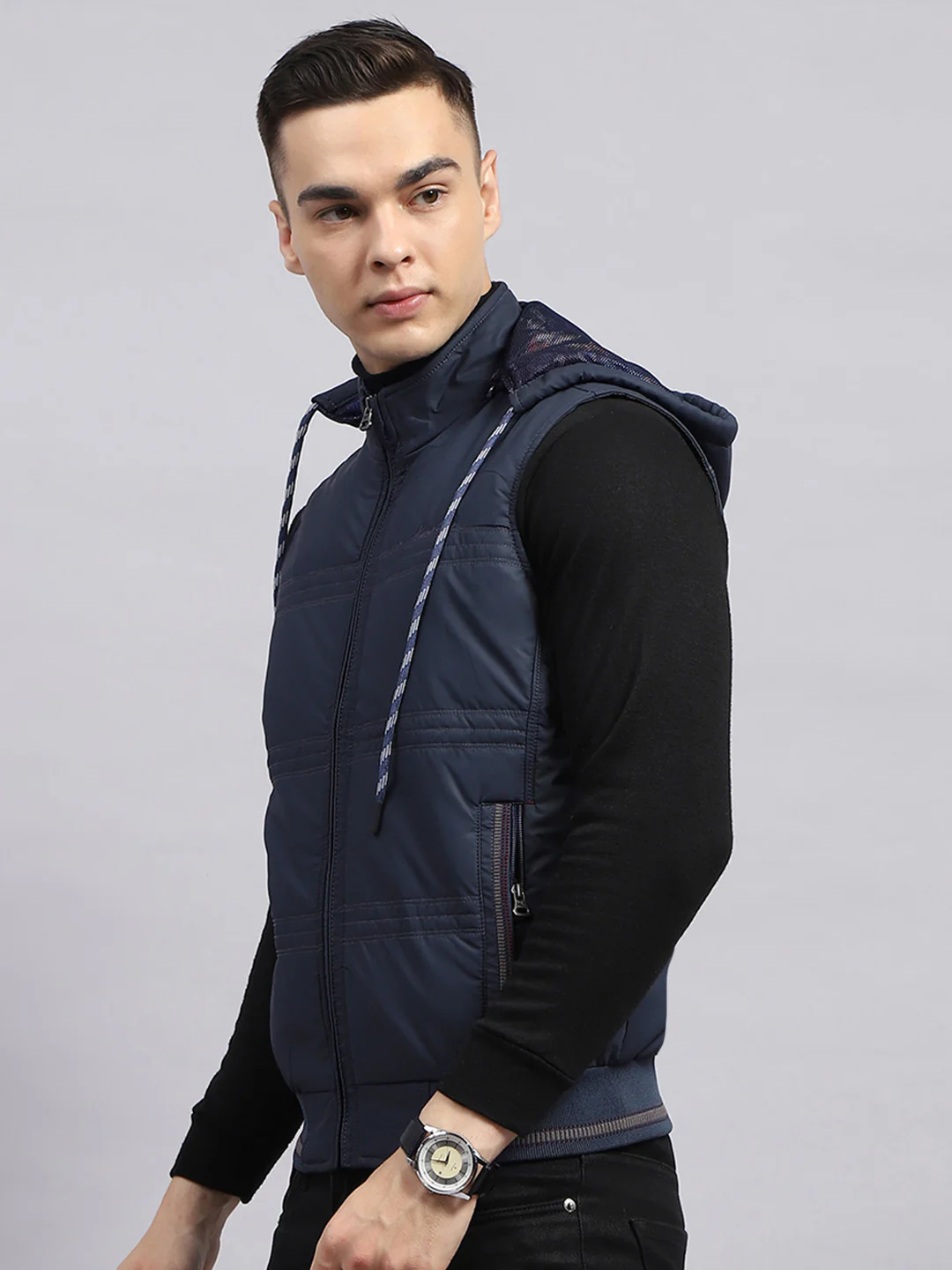 Men Navy Blue Solid Detachable Hood Sleeveless Jacket - Image 3
