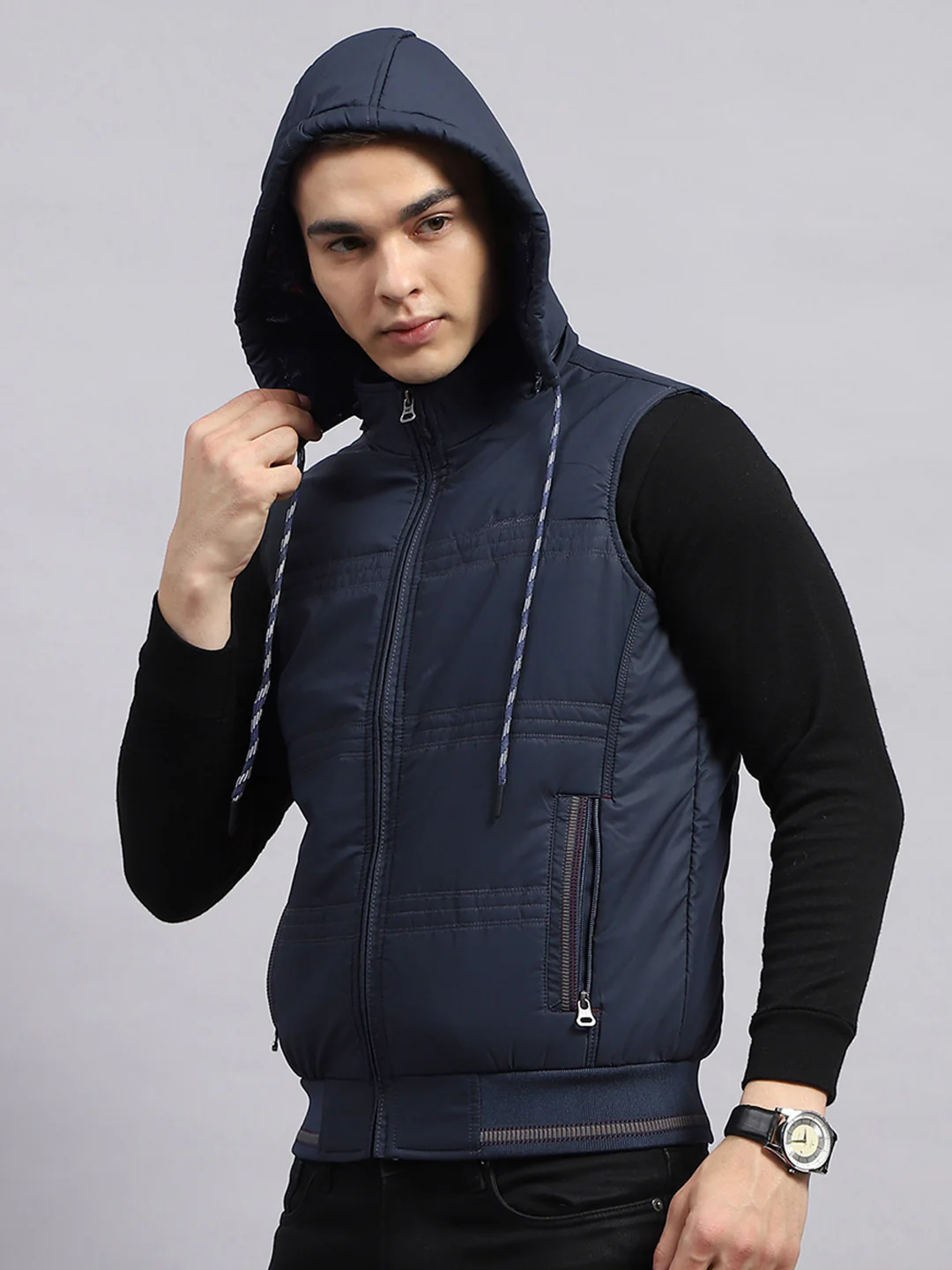 Men Navy Blue Solid Detachable Hood Sleeveless Jacket - Image 6