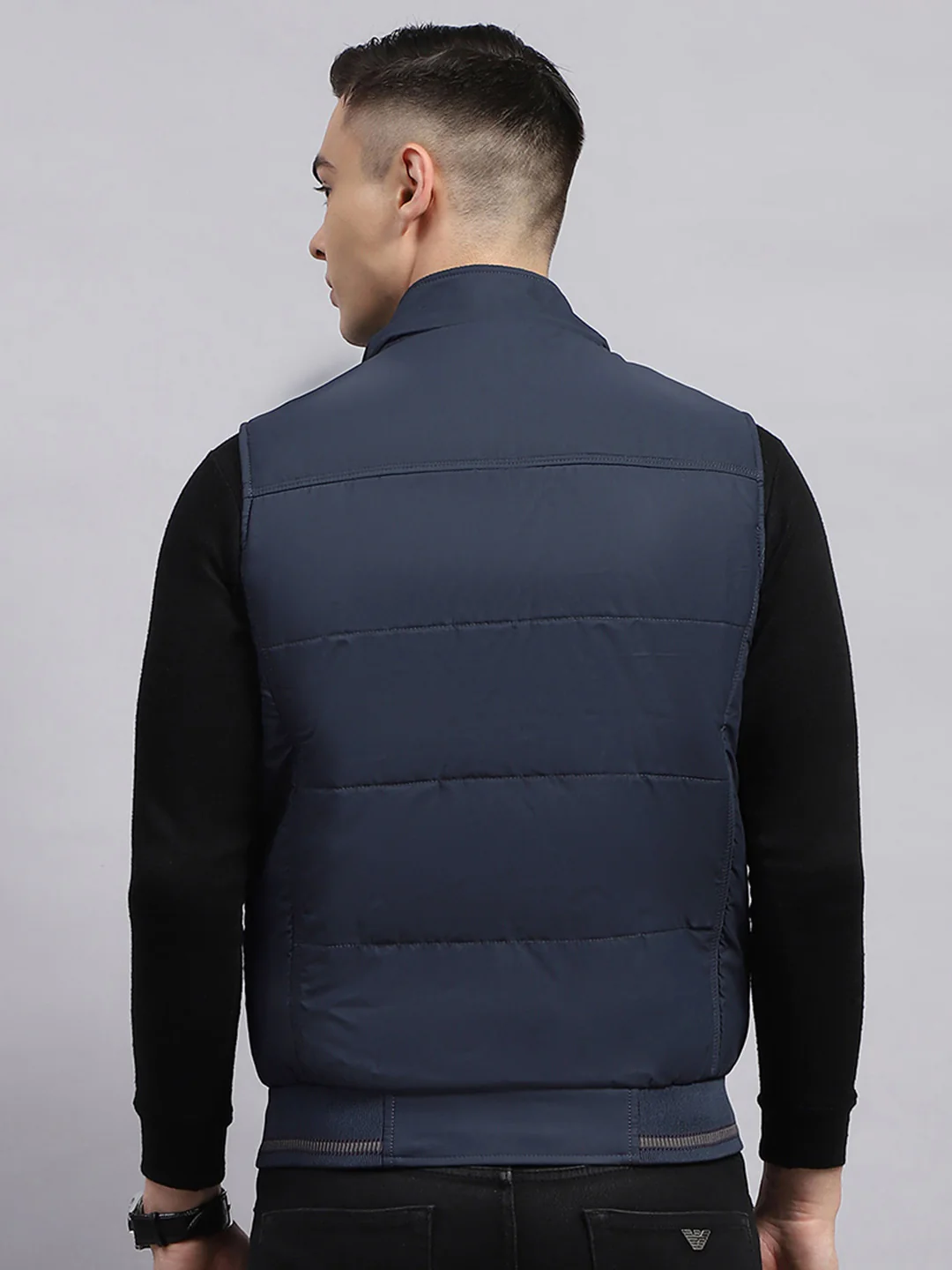 Men Navy Blue Solid Detachable Hood Sleeveless Jacket - Image 7
