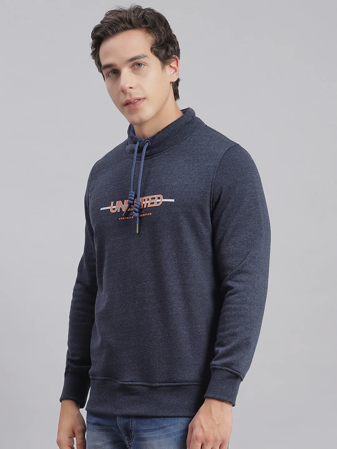 Men Navy Blue Solid F Neck Full Sleeve Sweatshirts - Image 3