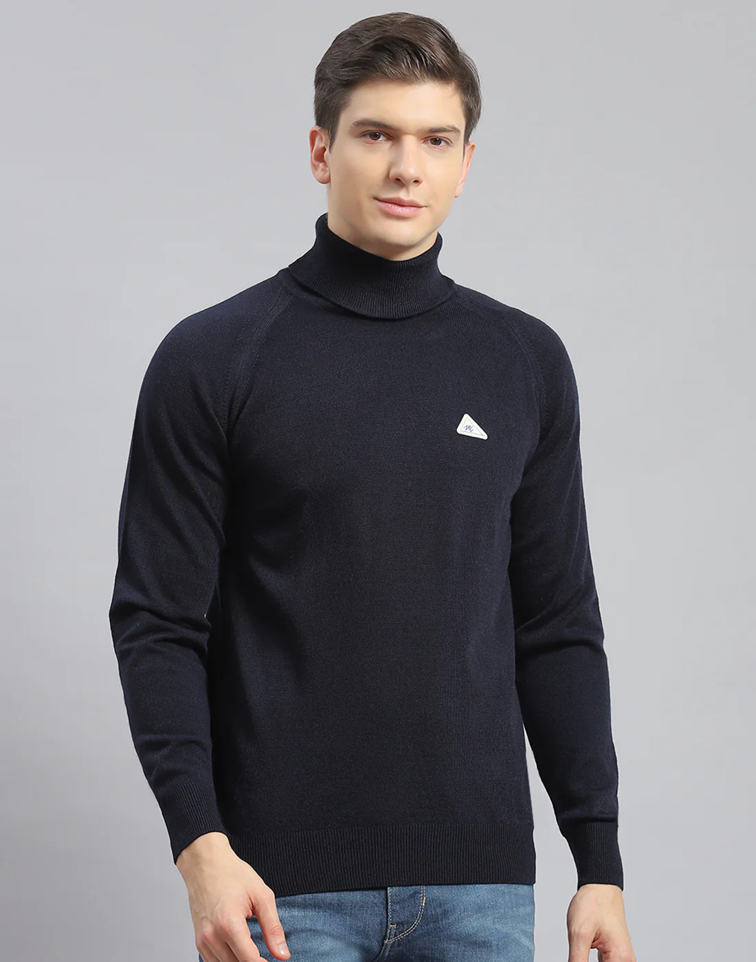 Men Navy Blue Solid H Neck Full Sleeve Pullover - Image 2
