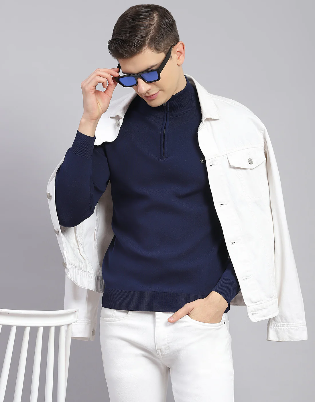 Men Navy Blue Solid H Neck Full Sleeve Sweater - Image 2