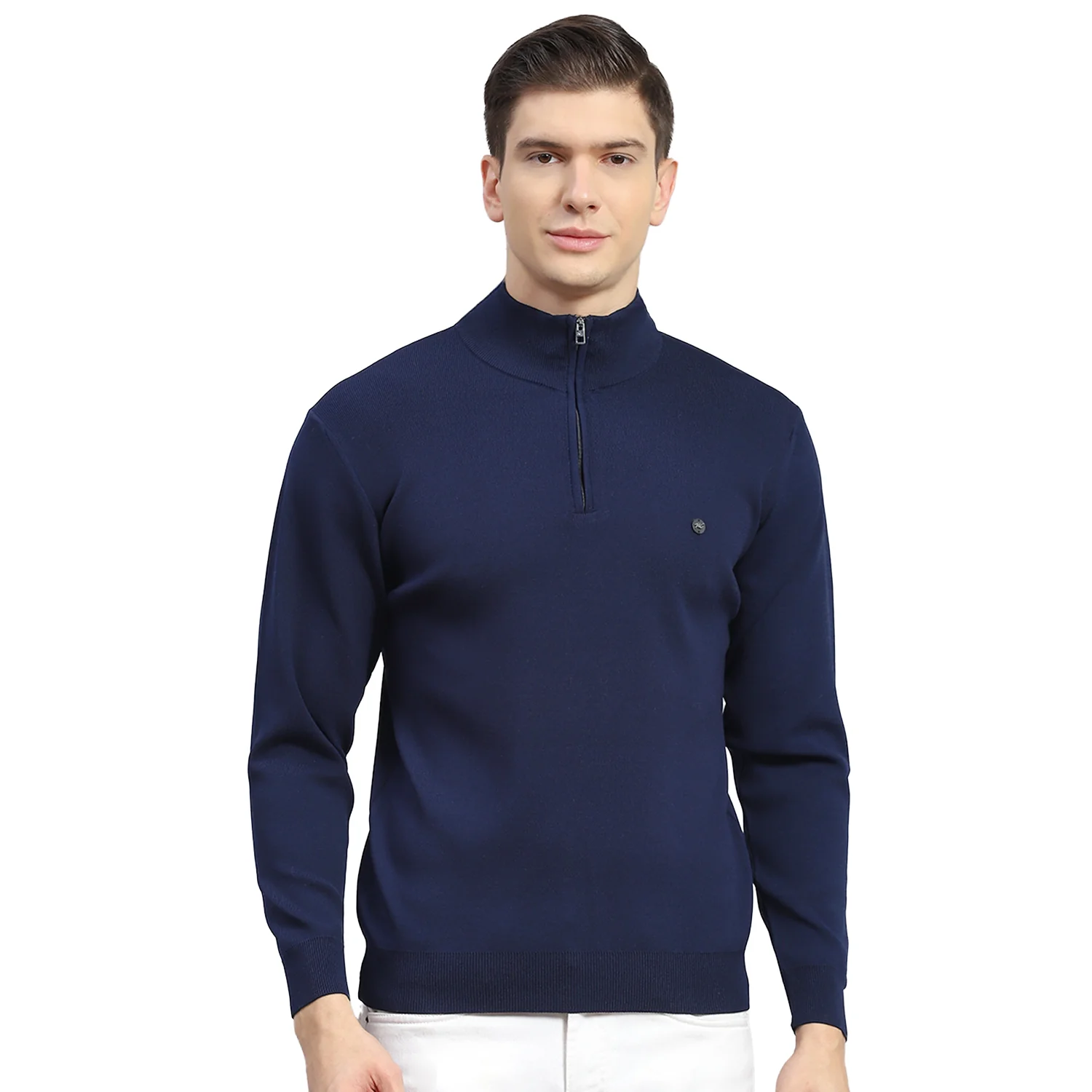 Men Navy Blue Solid H Neck Full Sleeve Sweater - Image 4