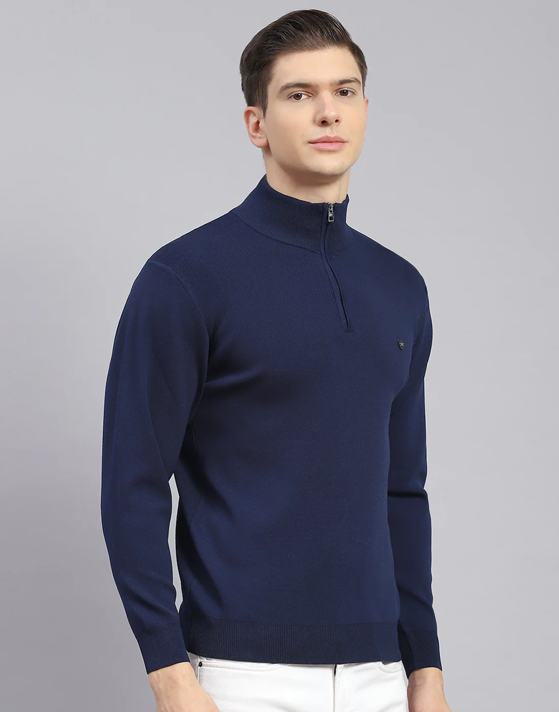 Men Navy Blue Solid H Neck Full Sleeve Sweater - Image 5