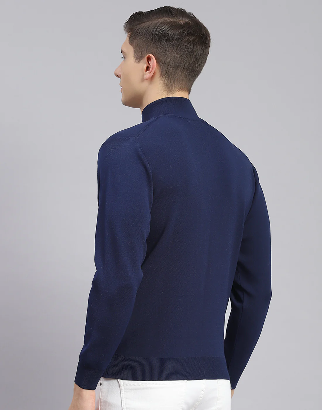 Men Navy Blue Solid H Neck Full Sleeve Sweater - Image 7