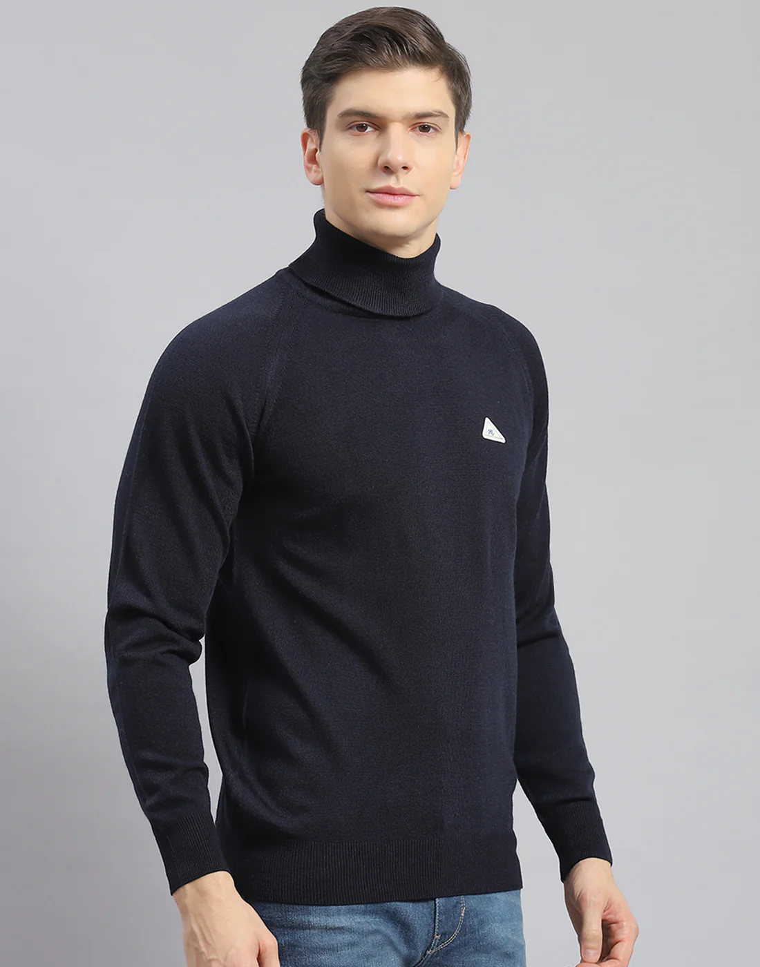 Men Navy Blue Solid High Neck Full Sleeve Pullover - Image 4