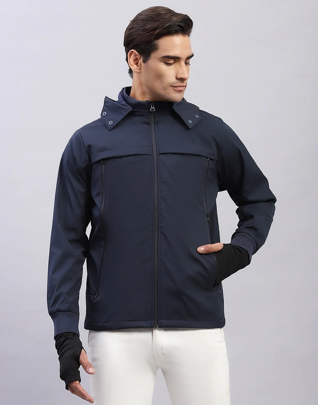 Men Navy Blue Solid Hooded Full Sleeve Jacket - Image 2