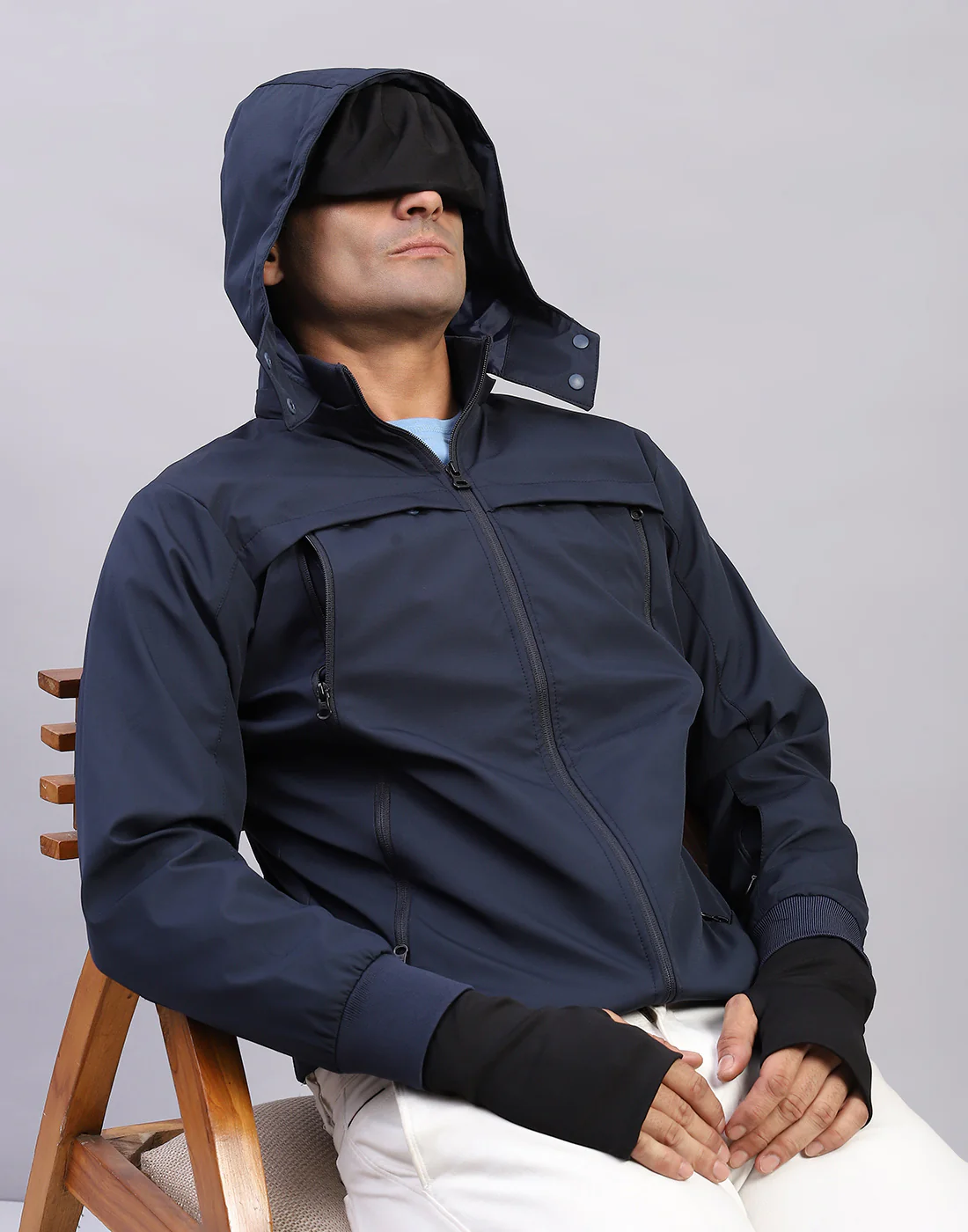 Men Navy Blue Solid Hooded Full Sleeve Jacket - Image 7