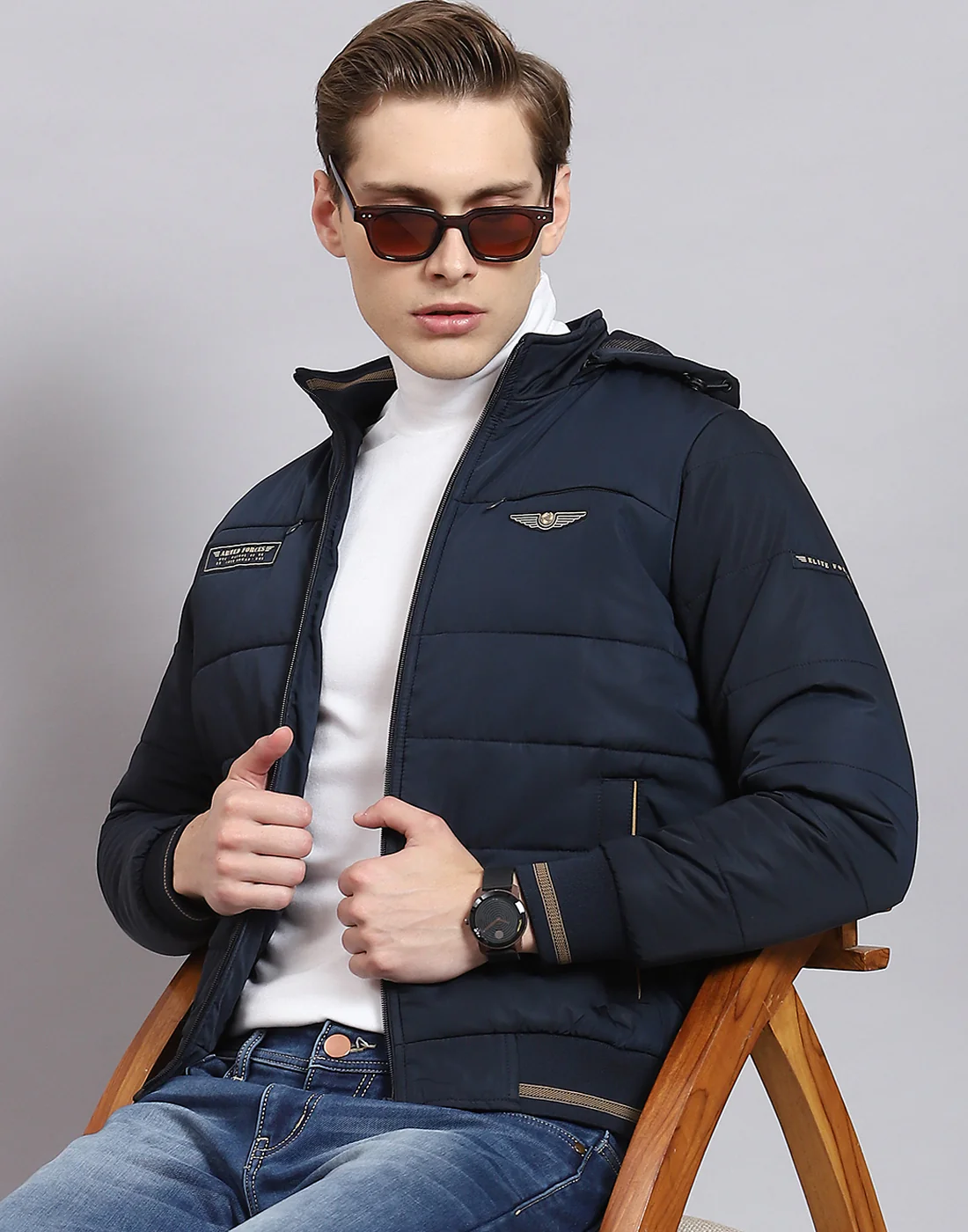 Men Navy Blue Solid Hooded Full Sleeve Jacket - Image 2