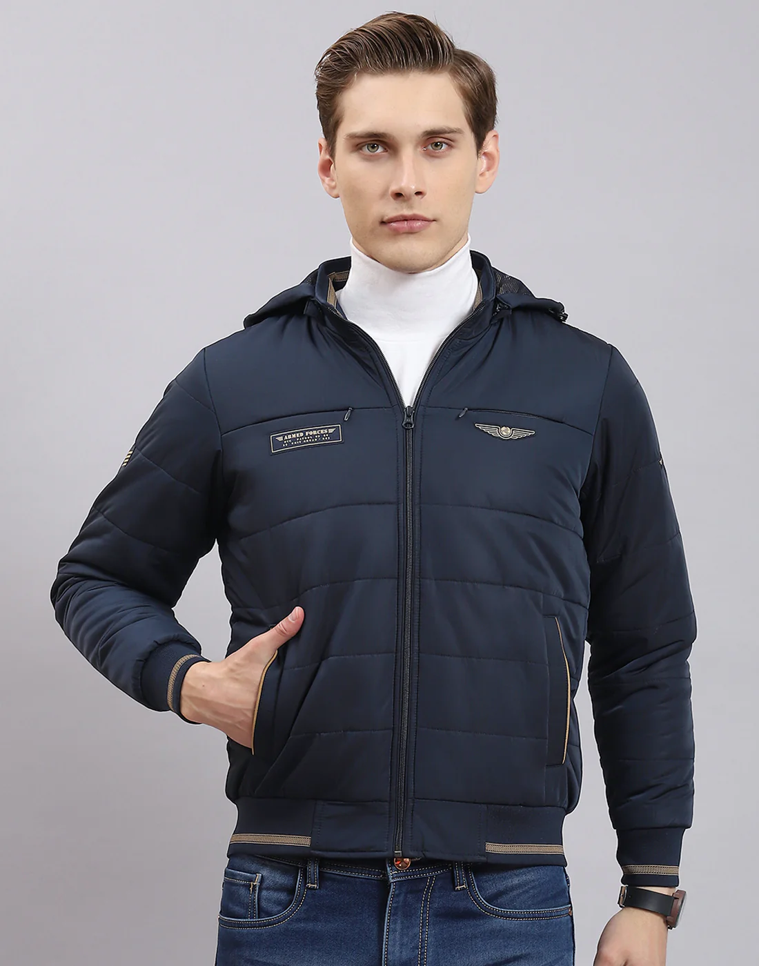 Men Navy Blue Solid Hooded Full Sleeve Jacket - Image 3