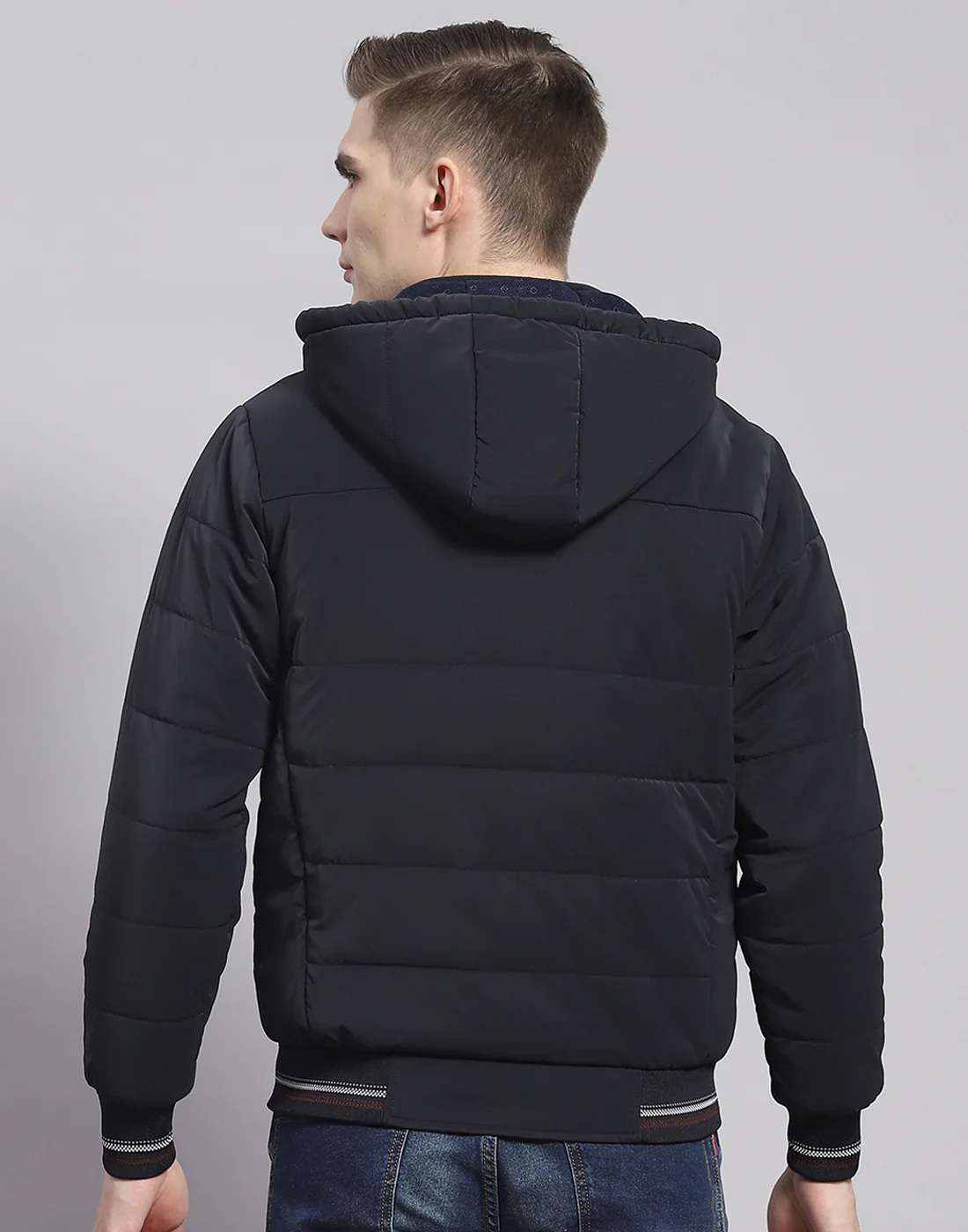 Men Navy Blue Solid Hooded Full Sleeve Jacket - Image 5
