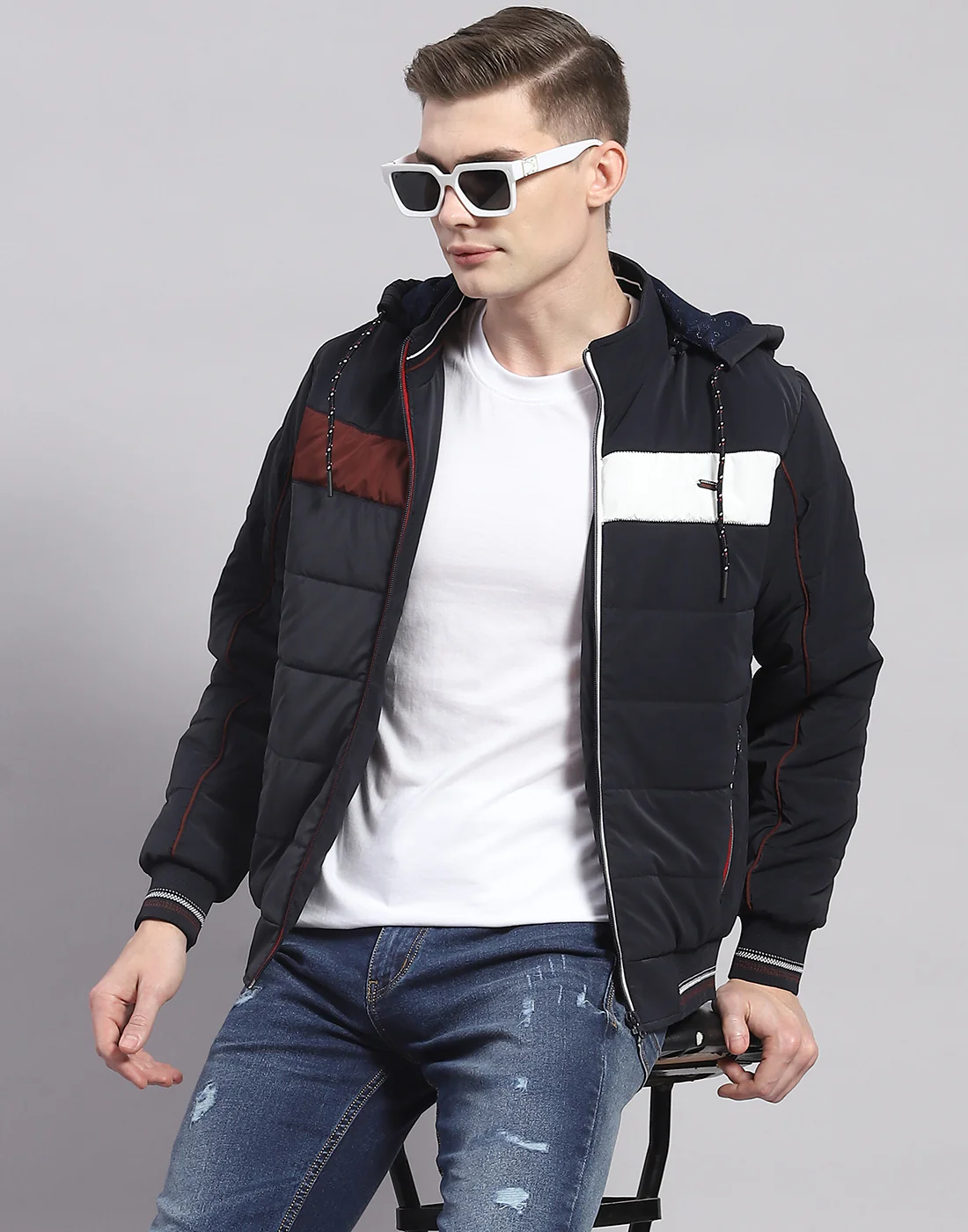 Men Navy Blue Solid Hooded Full Sleeve Jacket - Image 6