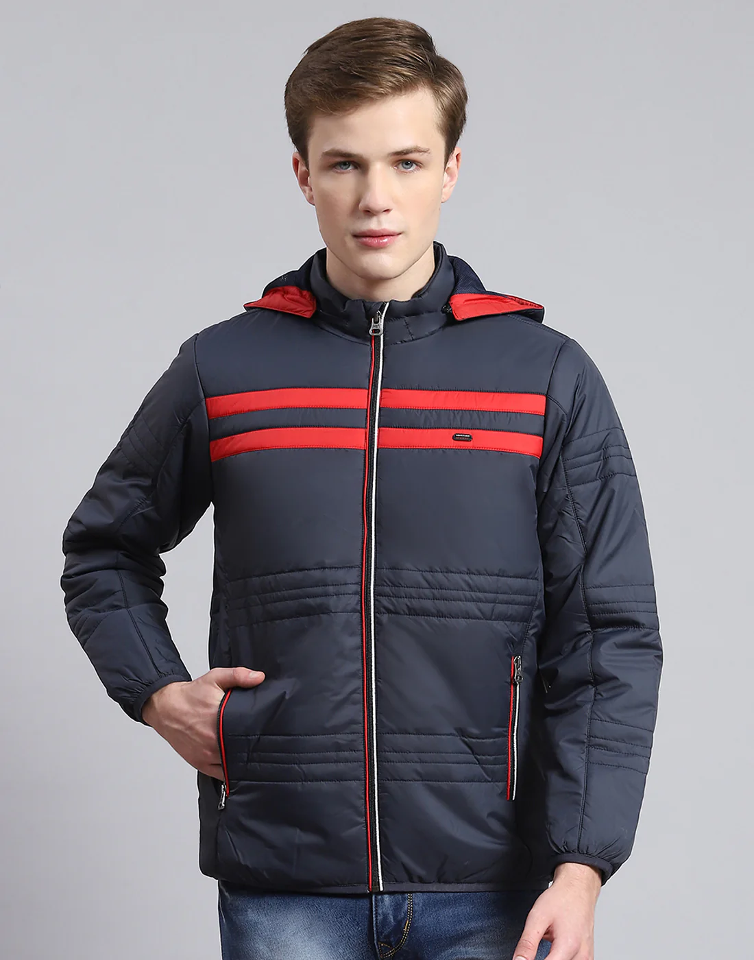 Men Navy Blue Solid Hooded Full Sleeve Jacket