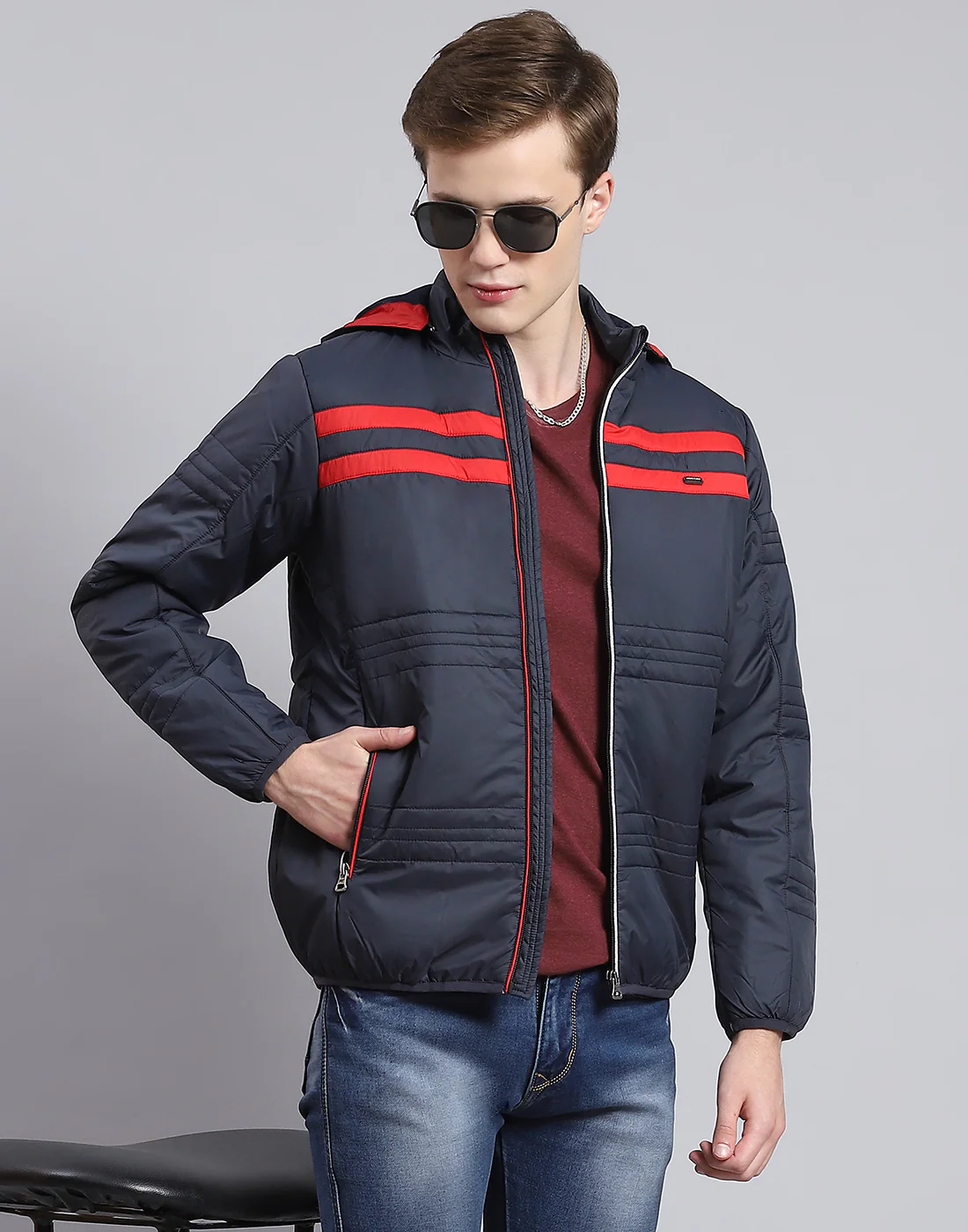 Men Navy Blue Solid Hooded Full Sleeve Jacket - Image 6