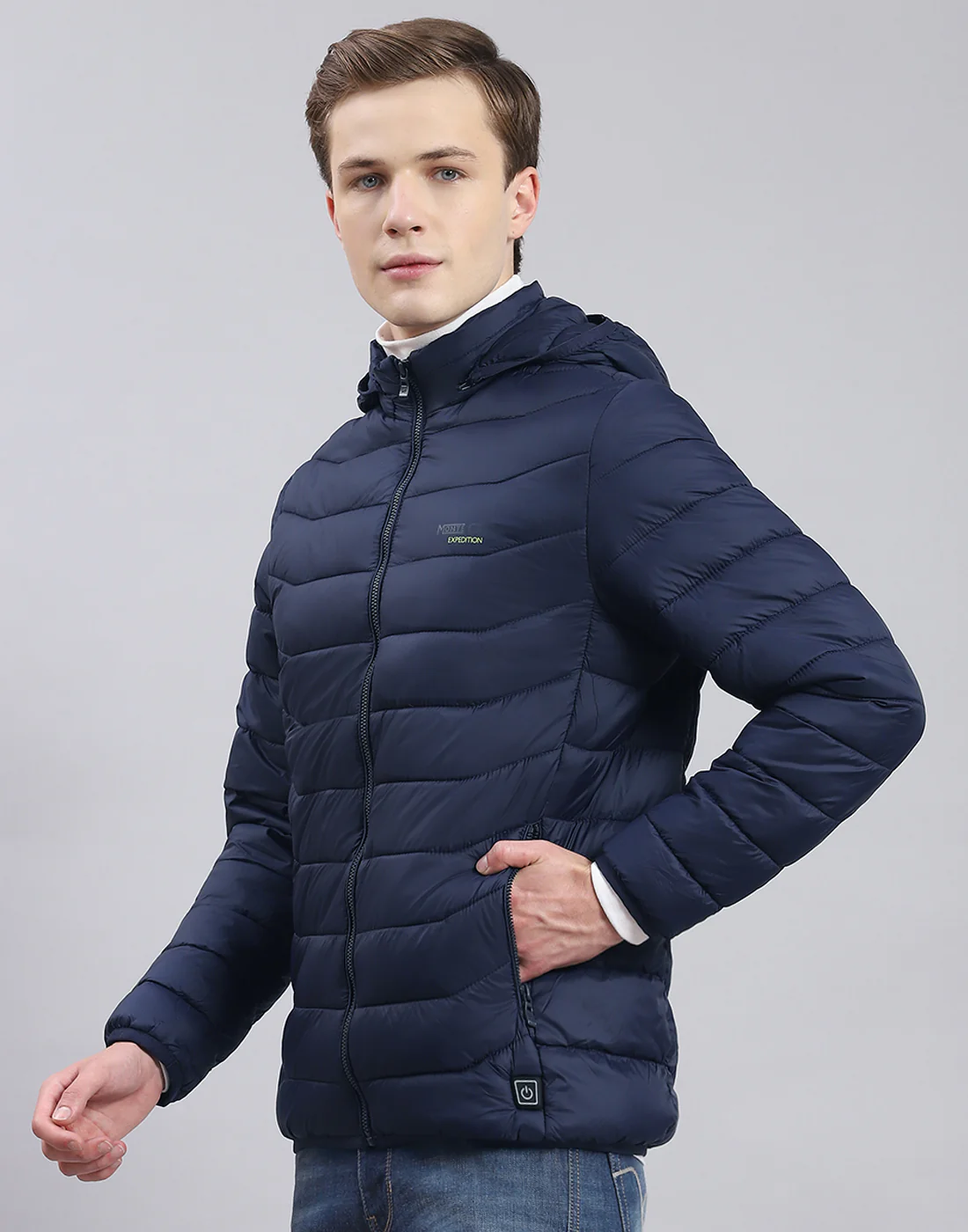 Men Navy Blue Solid Hooded Full Sleeve Heating Jacket - Image 3