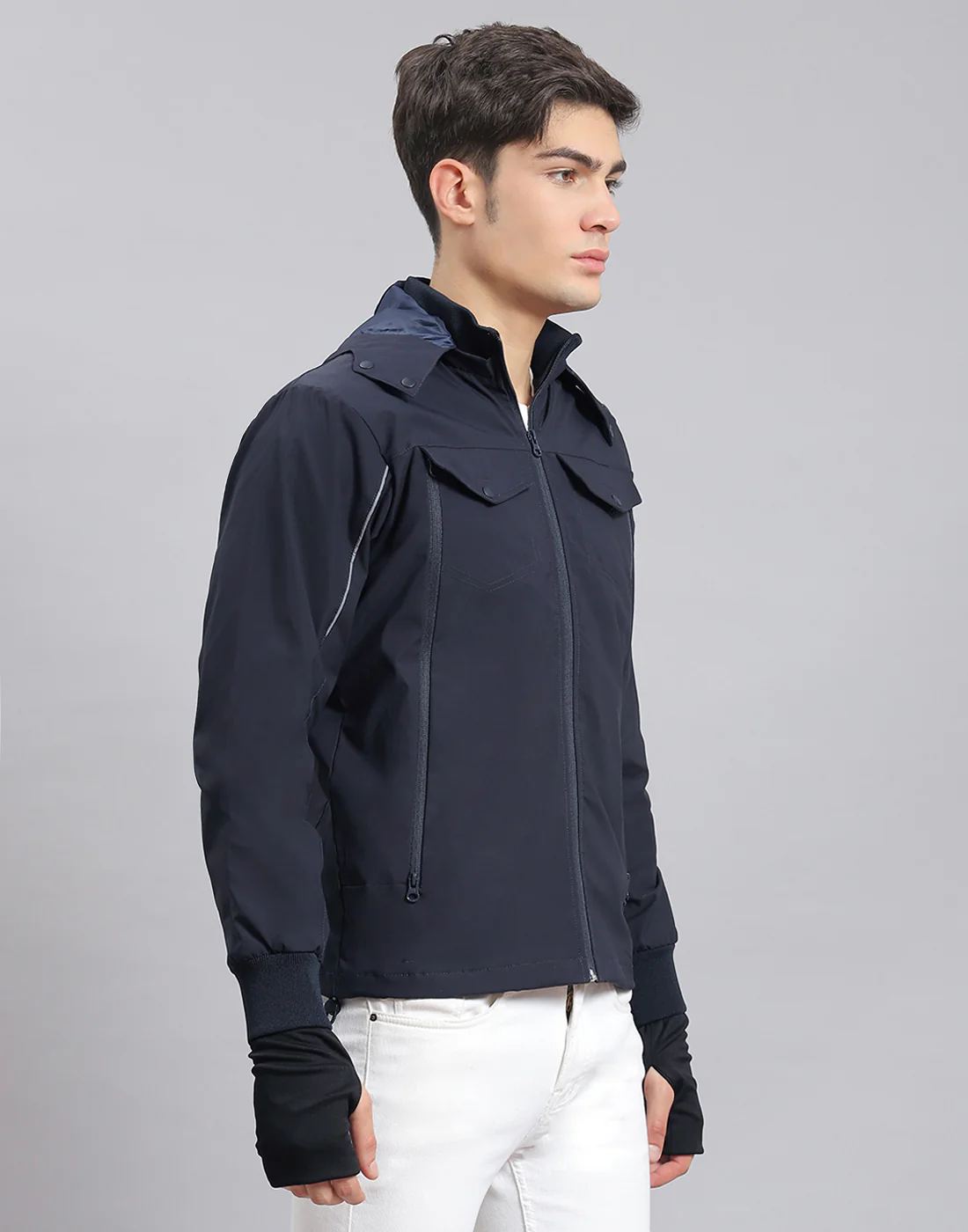 Men Navy Blue Solid Hooded Full Sleeve Jacket - Image 4