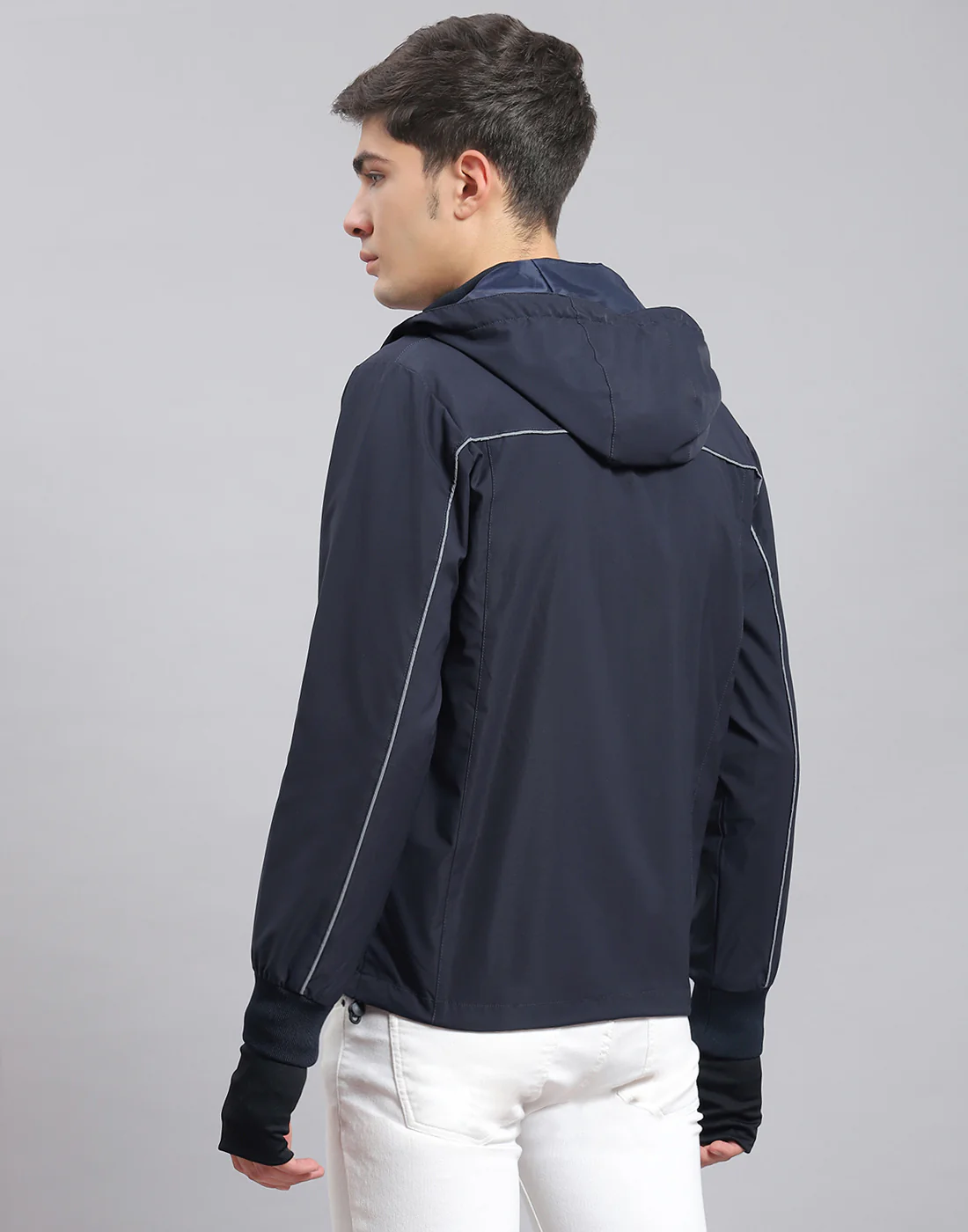 Men Navy Blue Solid Hooded Full Sleeve Jacket - Image 5