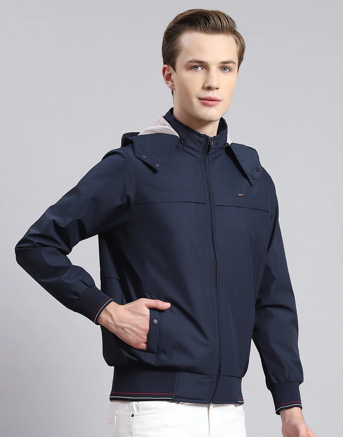 Men Navy Blue Solid Hooded Full Sleeve Jacket - Image 4