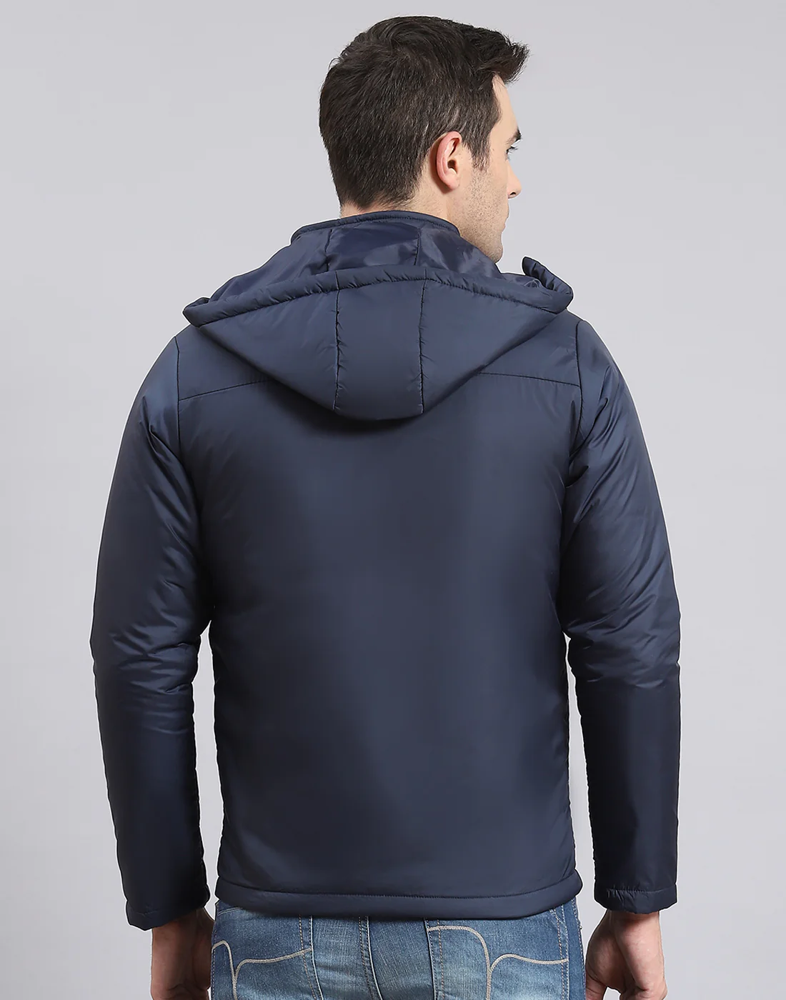 Men Navy Blue Solid Hooded Full Sleeve Jacket - Image 6