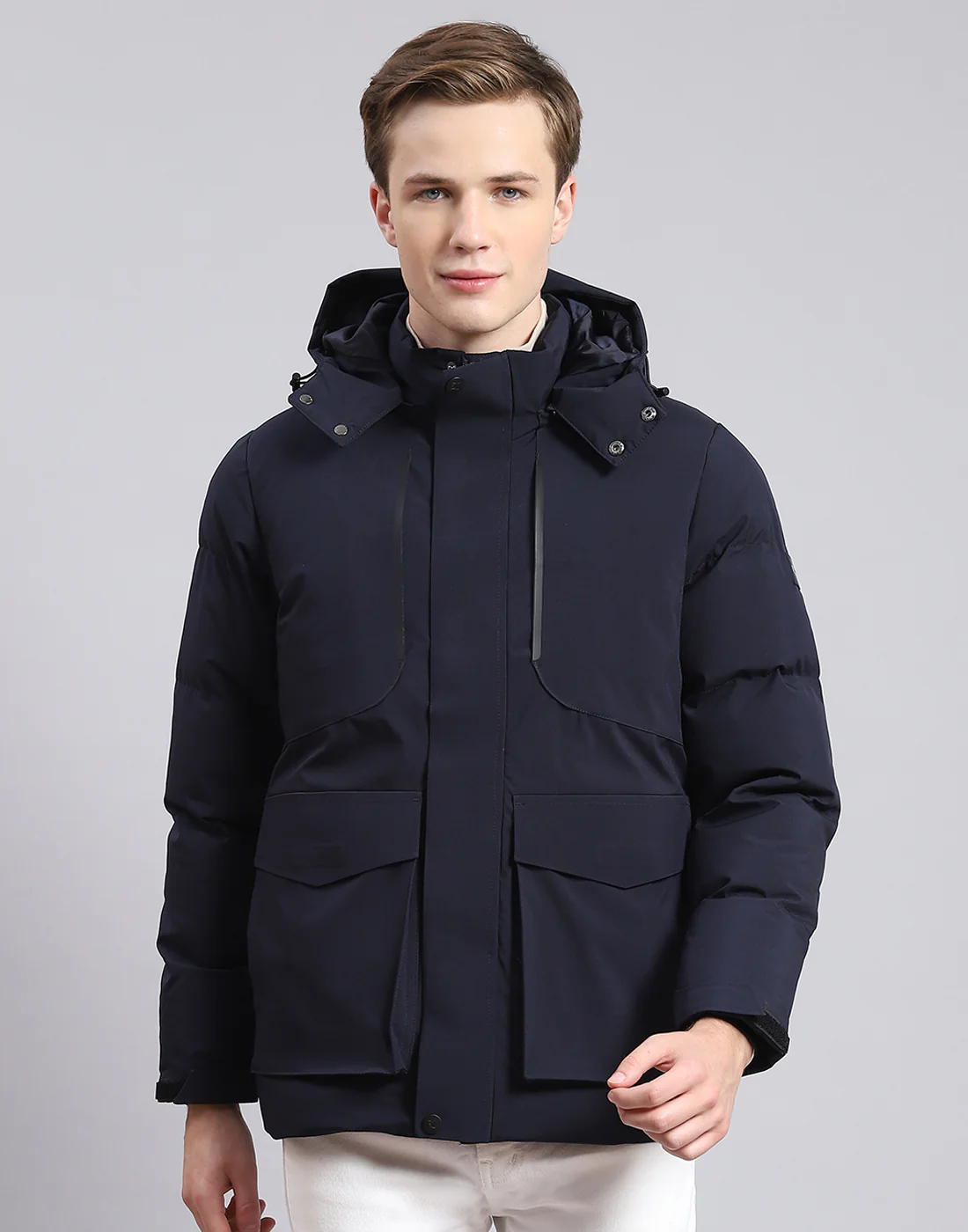 Men Navy Blue Solid Hooded Full Sleeve Jacket - Image 2