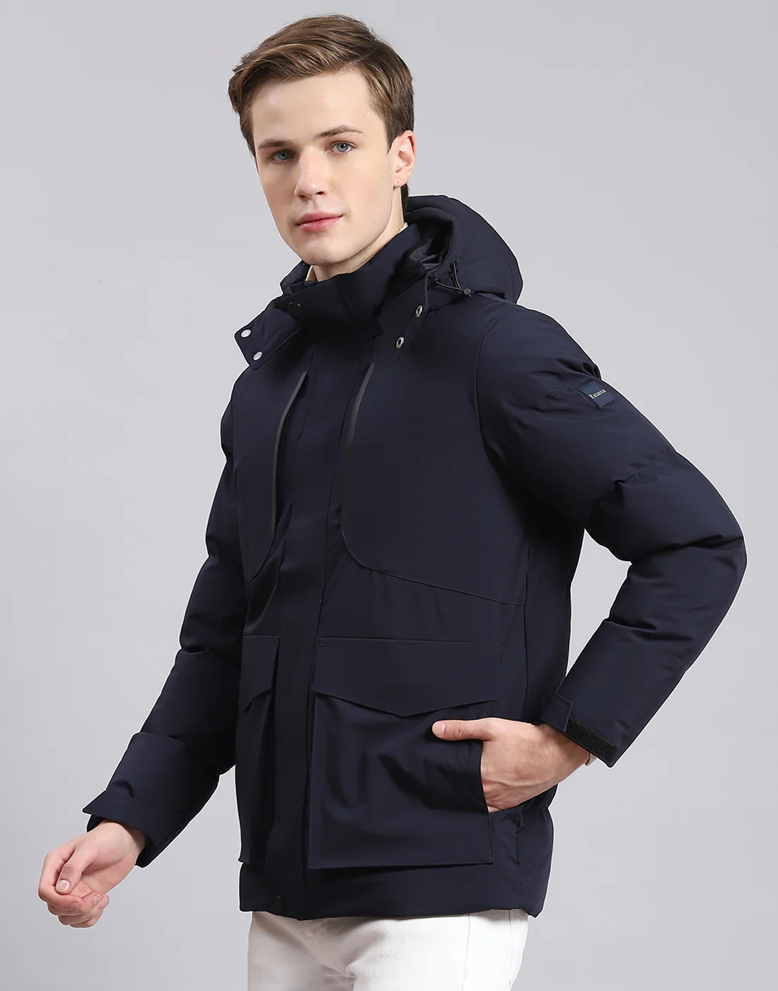 Men Navy Blue Solid Hooded Full Sleeve Jacket - Image 3