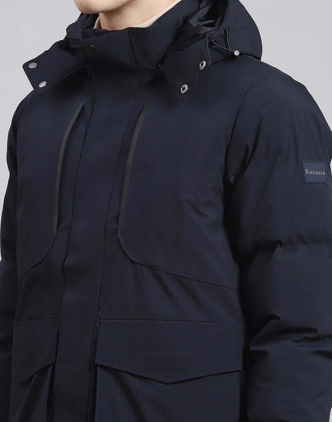 Men Navy Blue Solid Hooded Full Sleeve Jacket - Image 6