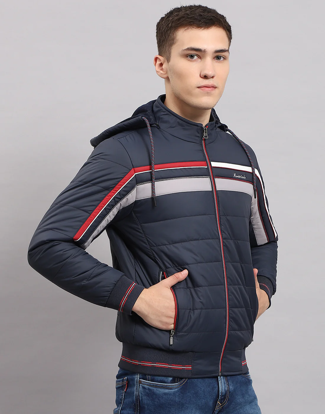 Men Navy Blue Solid Hooded Full Sleeve Jacket - Image 4