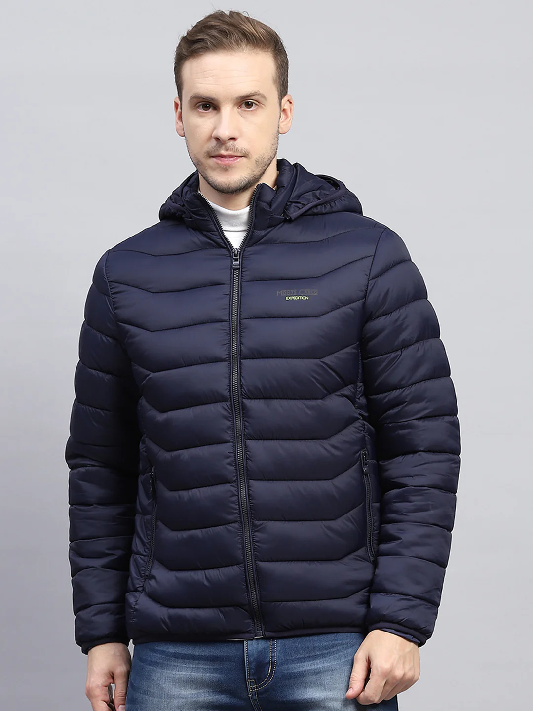 Men Navy Blue Solid Hooded Full Sleeve Heating Jacket